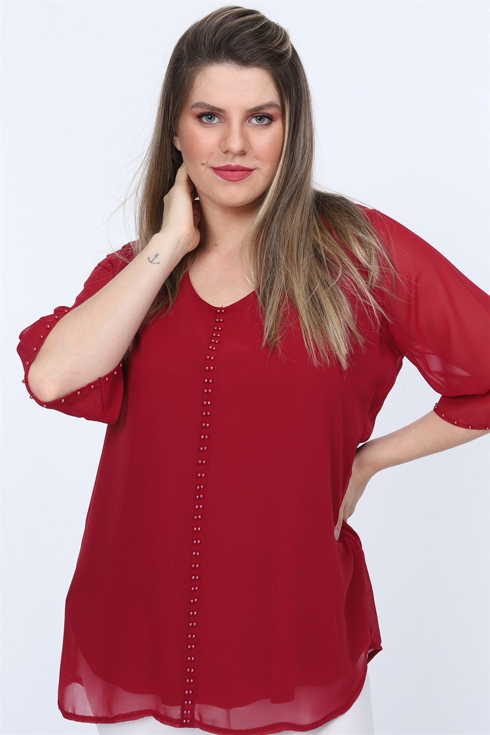 Rmg İnci Detaylı Şifon Bluz Bordo