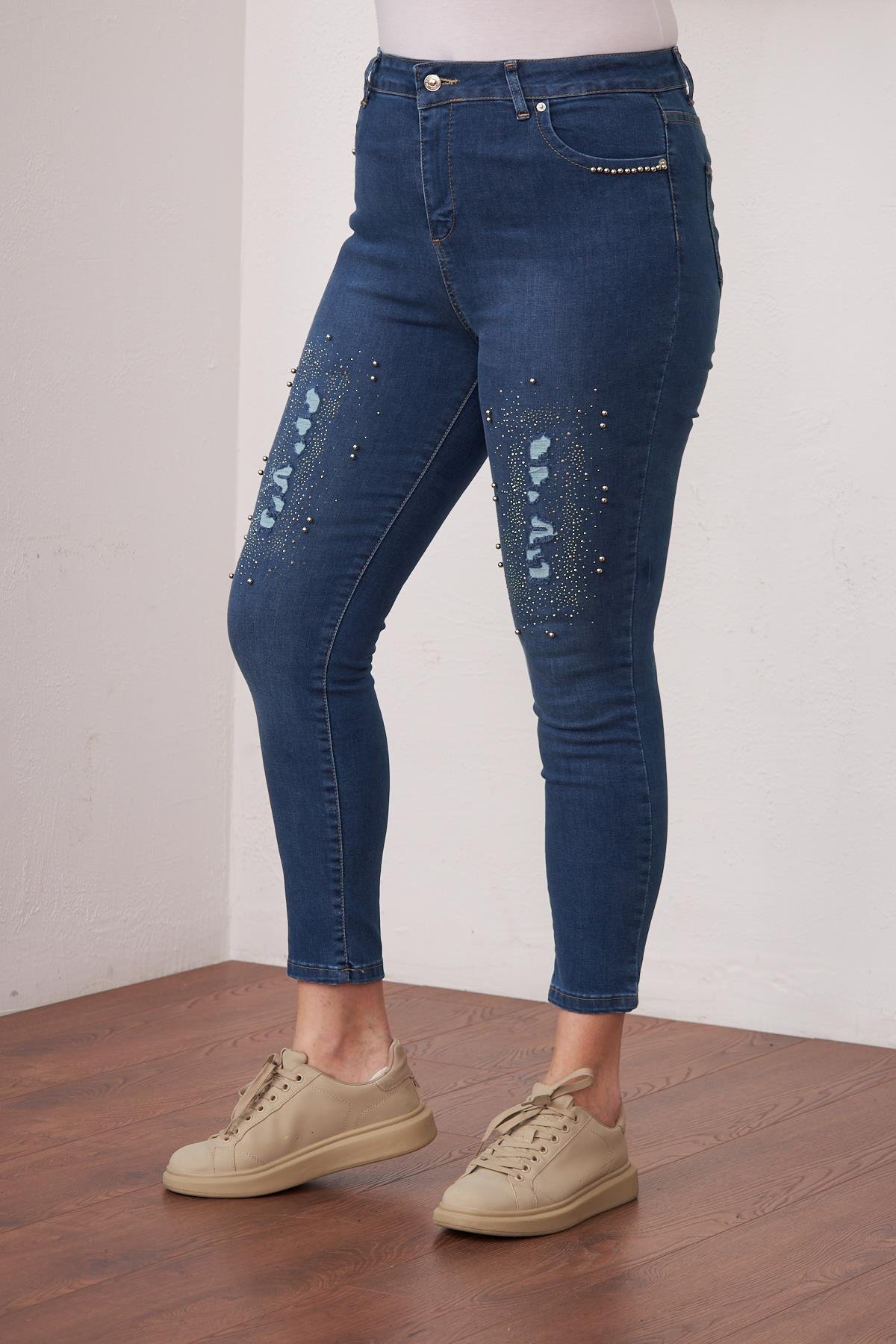 Rmg İnci Ve Yırtık Detaylı Büyük Beden Mavi Kot Pantolon