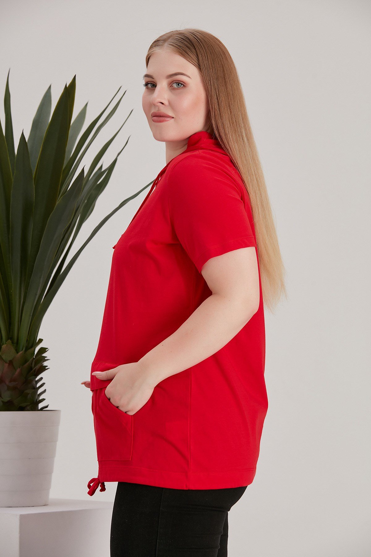 Rmg Kanguru Cepli Kapşonlu Büyük Beden Kırmızı Tişört