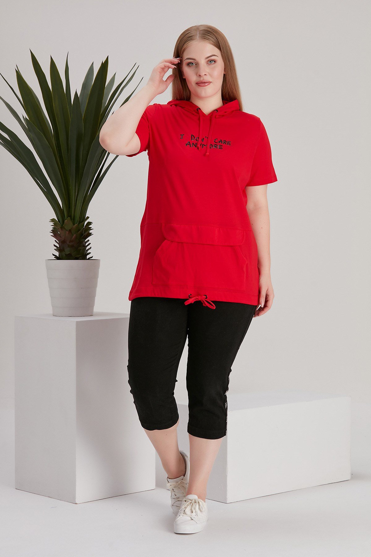 Rmg Kanguru Cepli Kapşonlu Büyük Beden Kırmızı Tişört