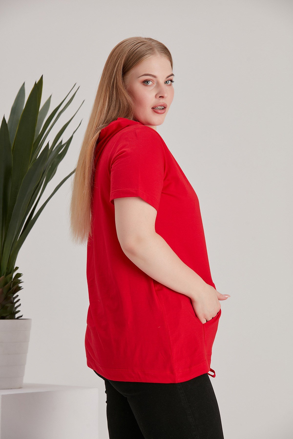 Rmg Kanguru Cepli Kapşonlu Büyük Beden Kırmızı Tişört