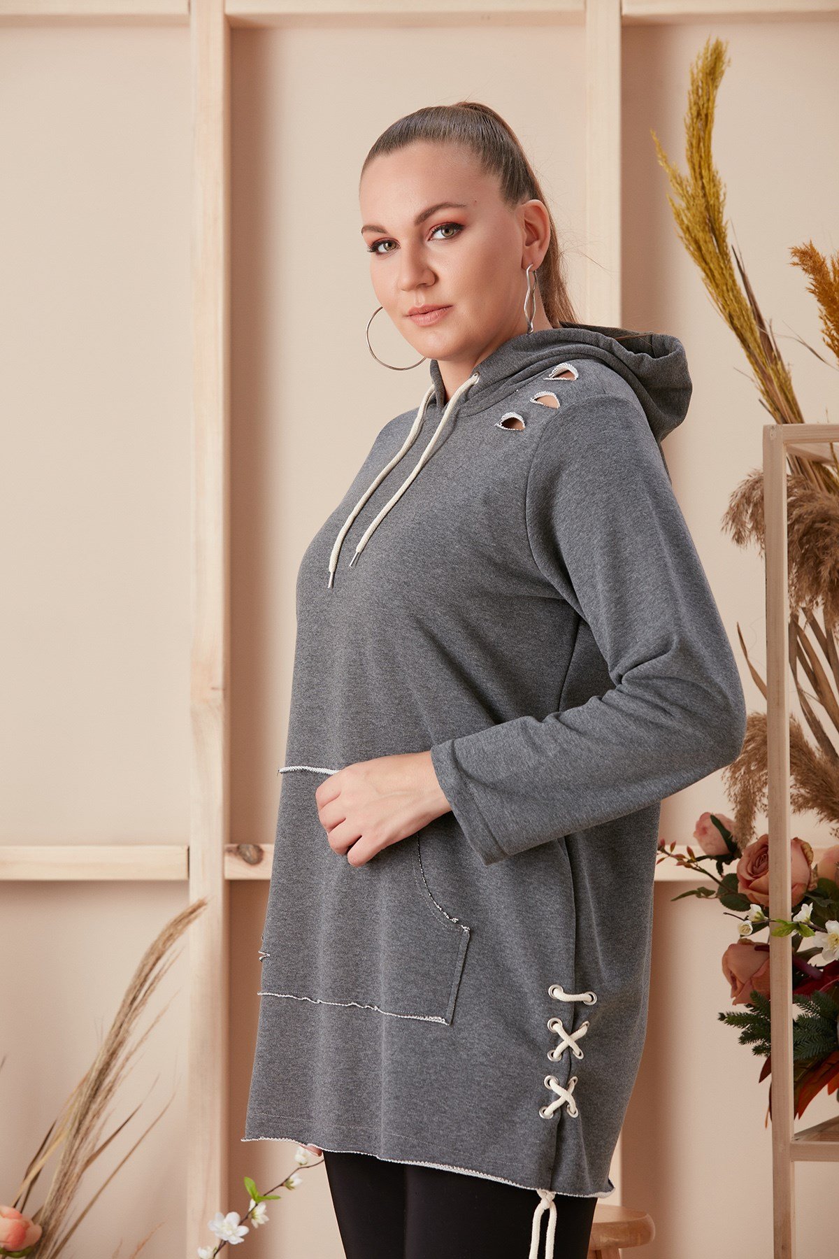Rmg Kanguru Cepli Yırtıklı Büyük Beden Antrasit Sweatshirt
