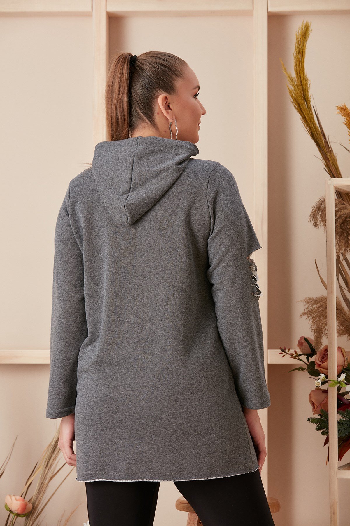 Rmg Kanguru Cepli Yırtıklı Büyük Beden Antrasit Sweatshirt