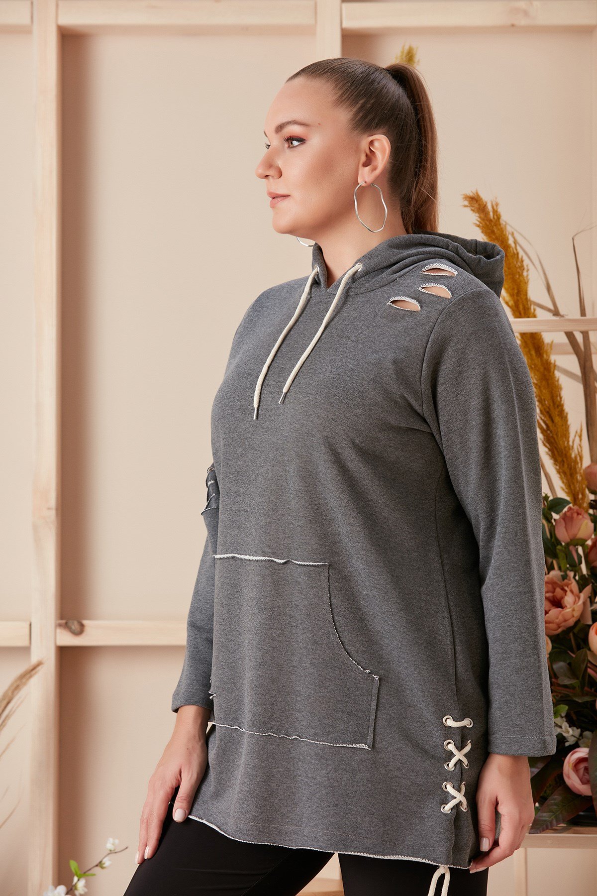 Rmg Kanguru Cepli Yırtıklı Büyük Beden Antrasit Sweatshirt