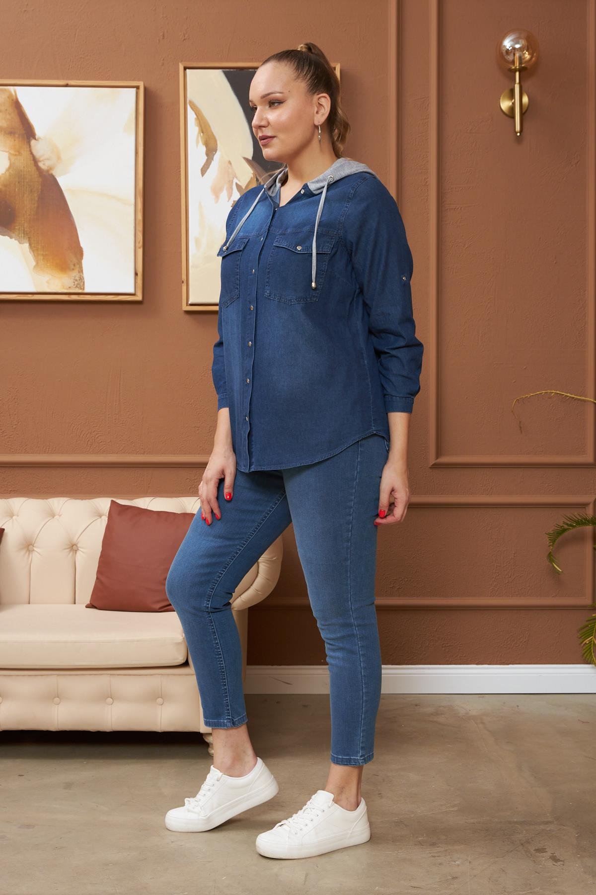 RMG Kapşonlu Büyük Beden Kim Mavi Gömlek