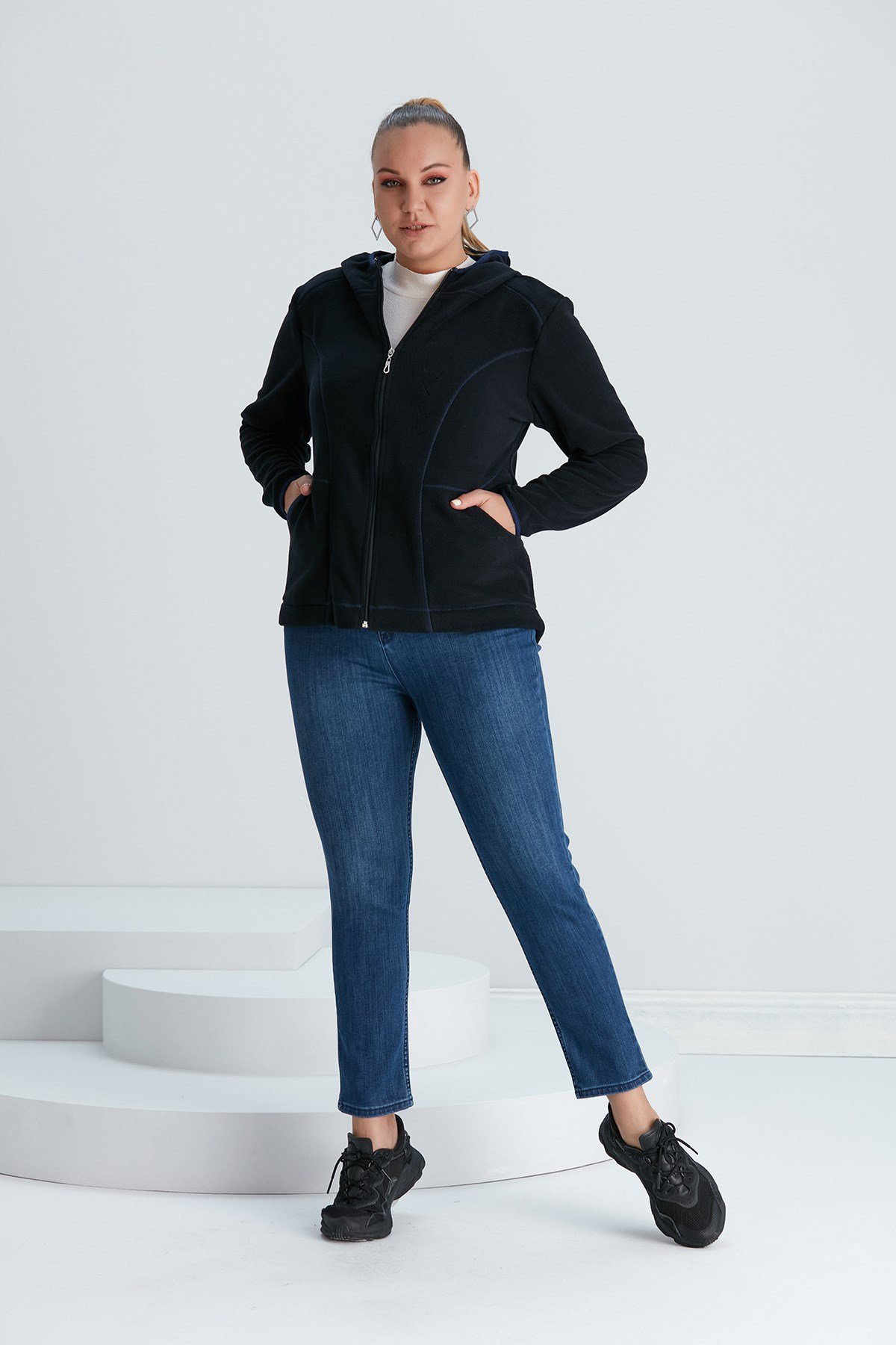 Rmg Kapşonlu Büyük Beden Lacivert Polar Sweatshirt