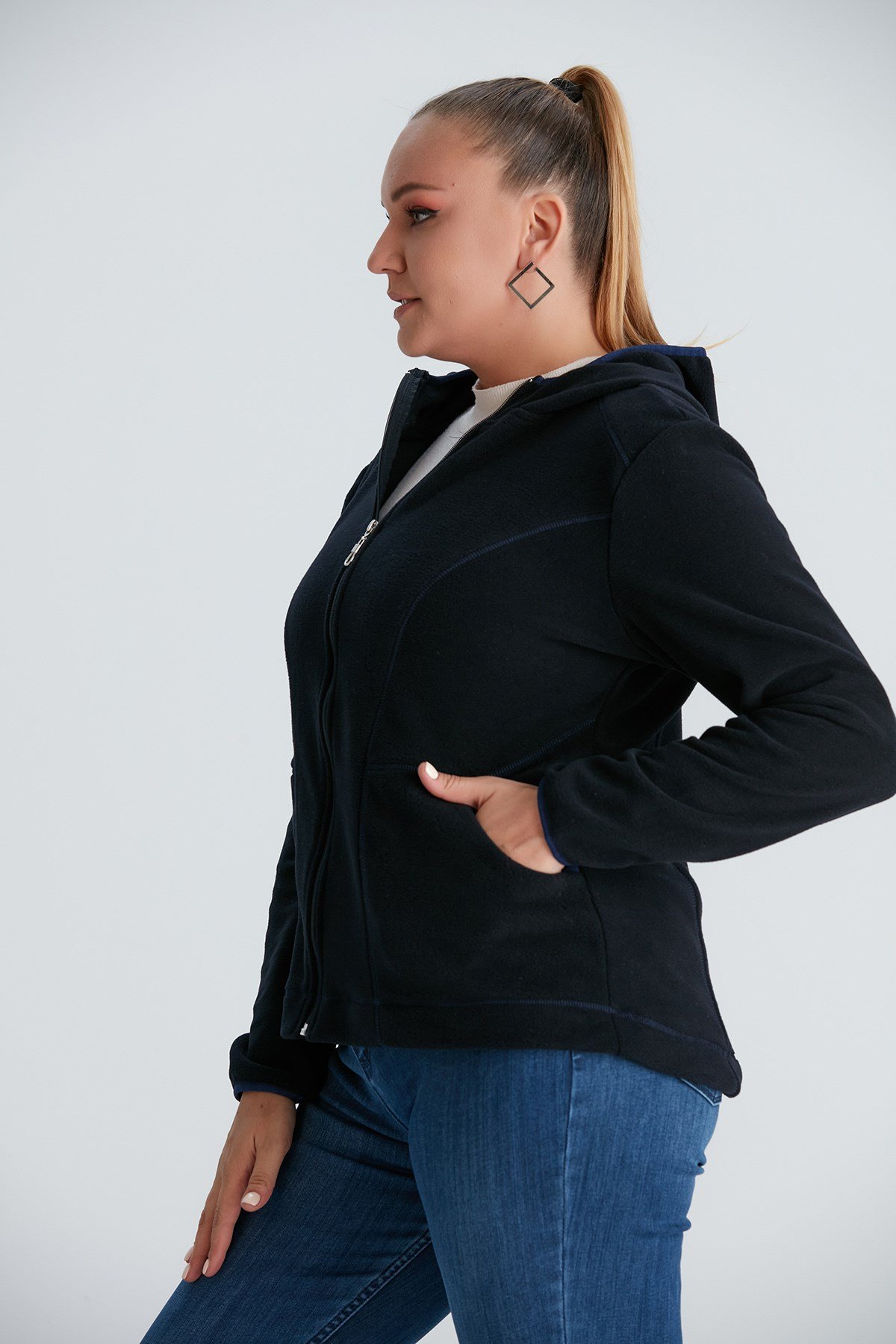 Rmg Kapşonlu Büyük Beden Lacivert Polar Sweatshirt