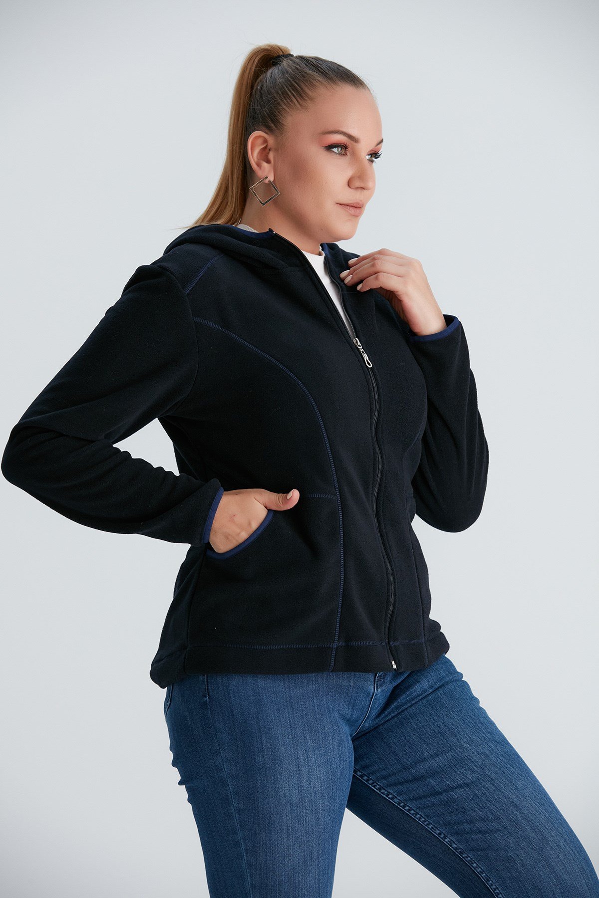 Rmg Kapşonlu Büyük Beden Lacivert Polar Sweatshirt