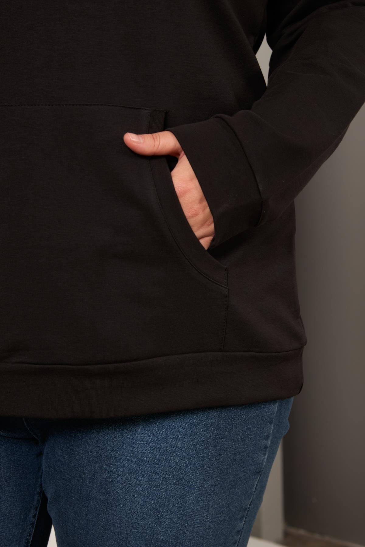 Rmg Kapşonlu Büyük Beden Siyah Sweatshirt