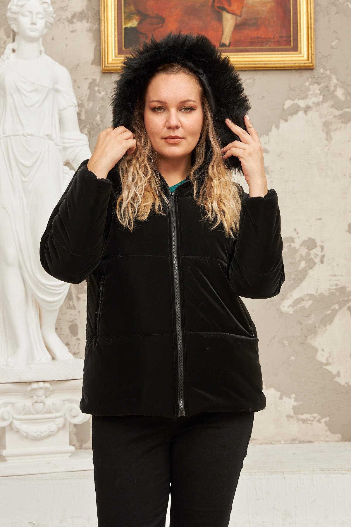 Rmg Kapşonlu Mat Kumaş Büyük Beden Siyah Şişme Mont