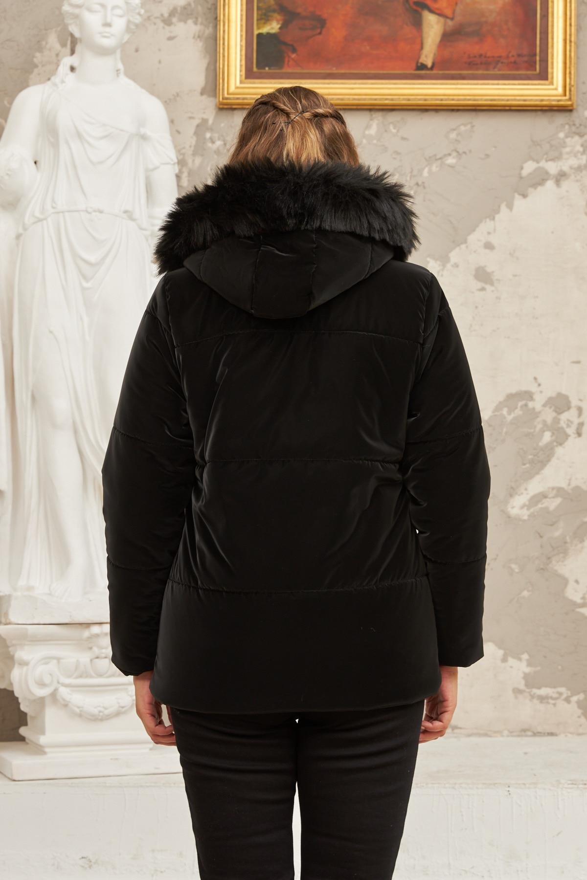 Rmg Kapşonlu Mat Kumaş Büyük Beden Siyah Şişme Mont