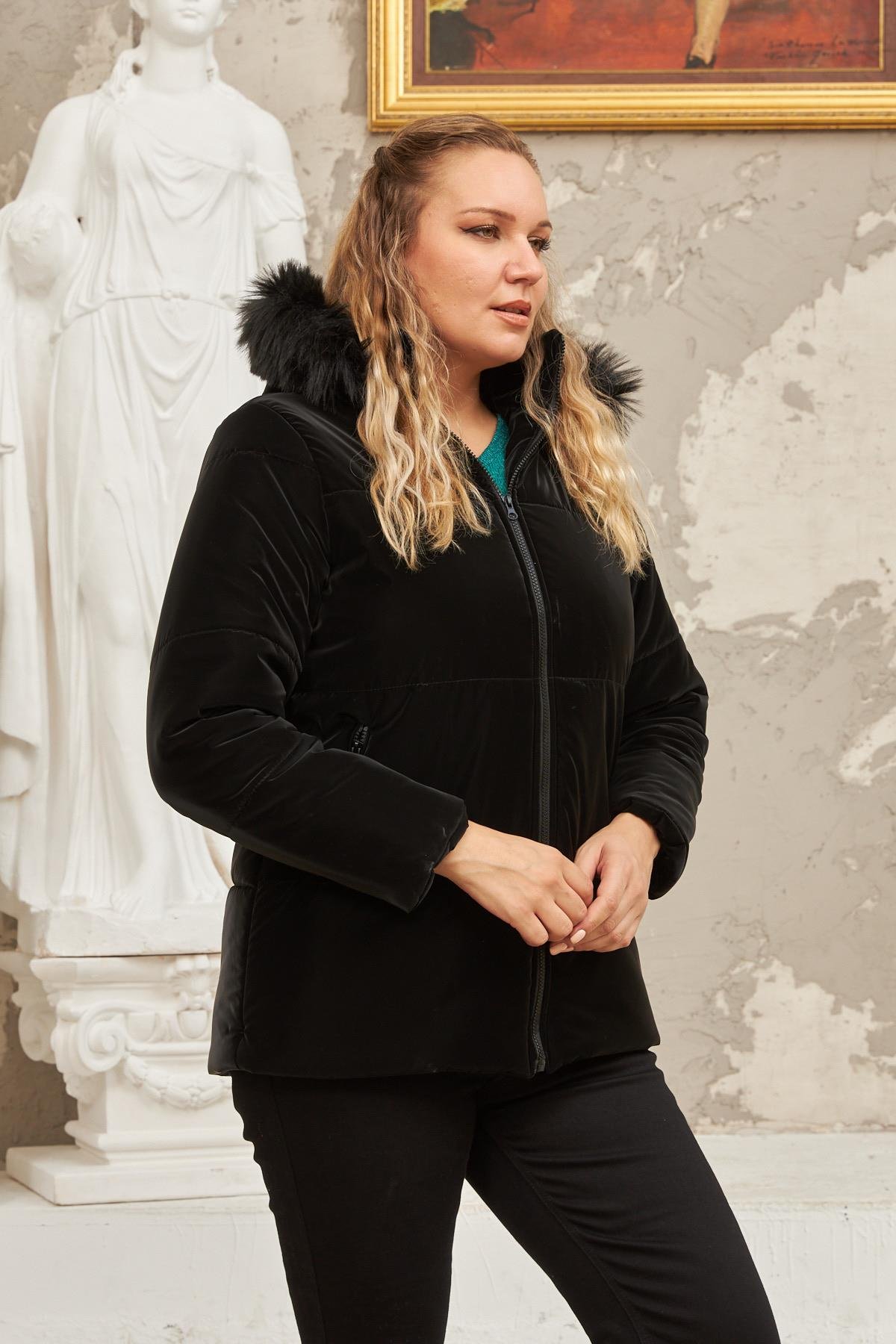 Rmg Kapşonlu Mat Kumaş Büyük Beden Siyah Şişme Mont