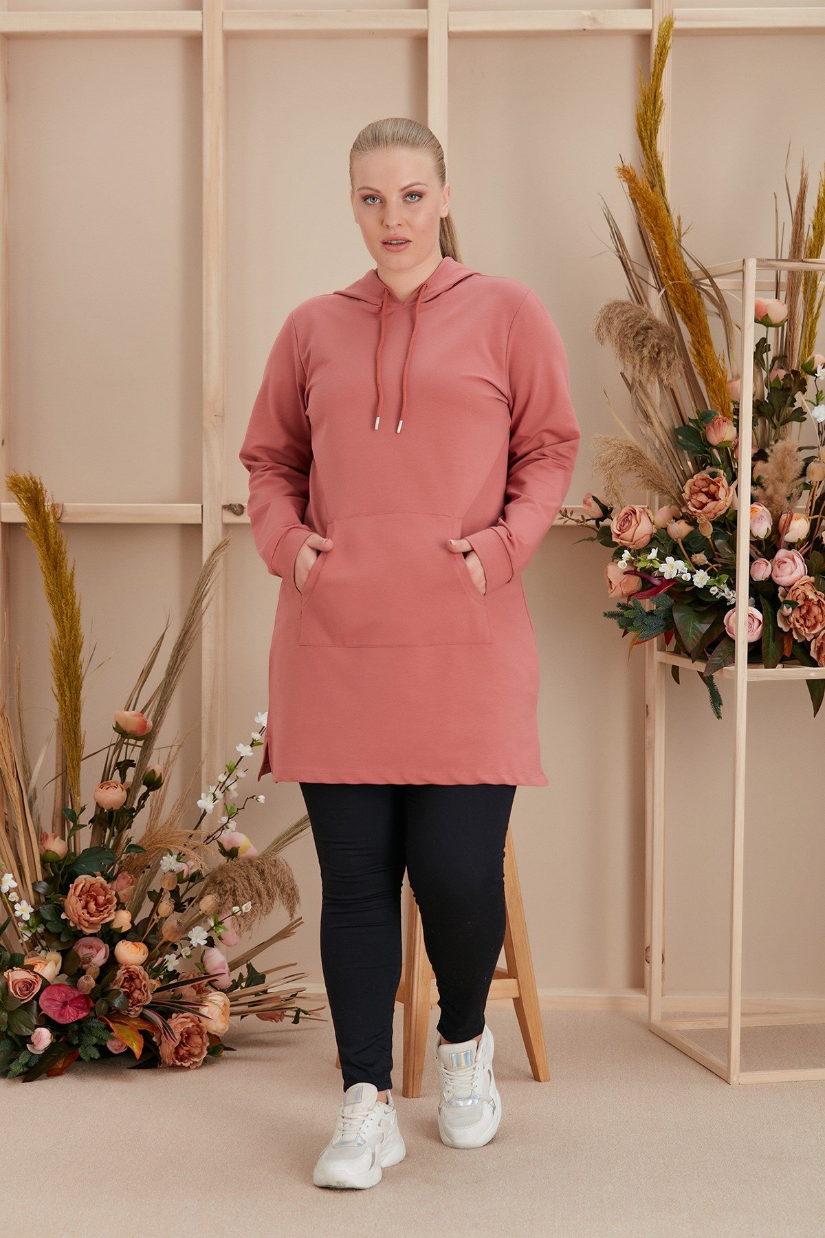 Rmg Kapşonlu Uzun Büyük Beden Gülkurusu Sweatshirt