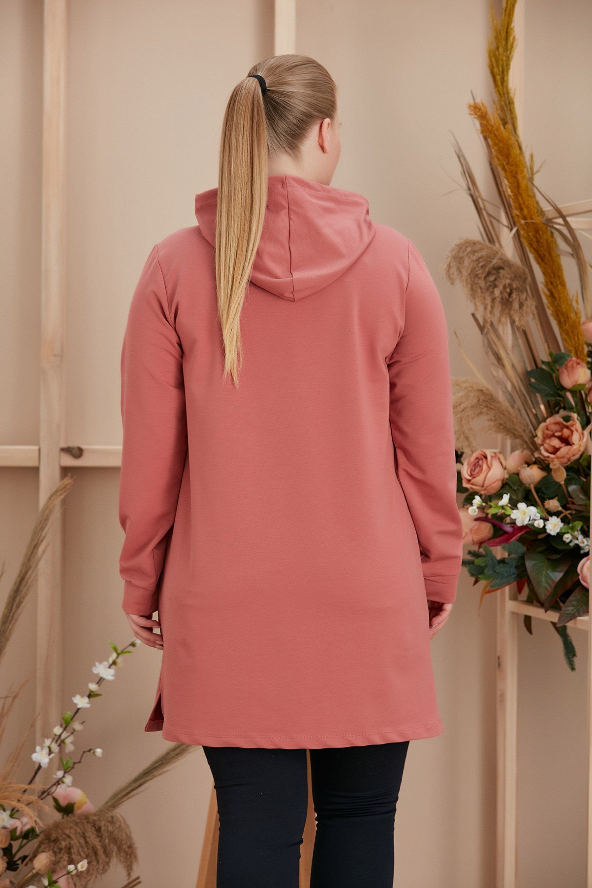 Rmg Kapşonlu Uzun Büyük Beden Gülkurusu Sweatshirt