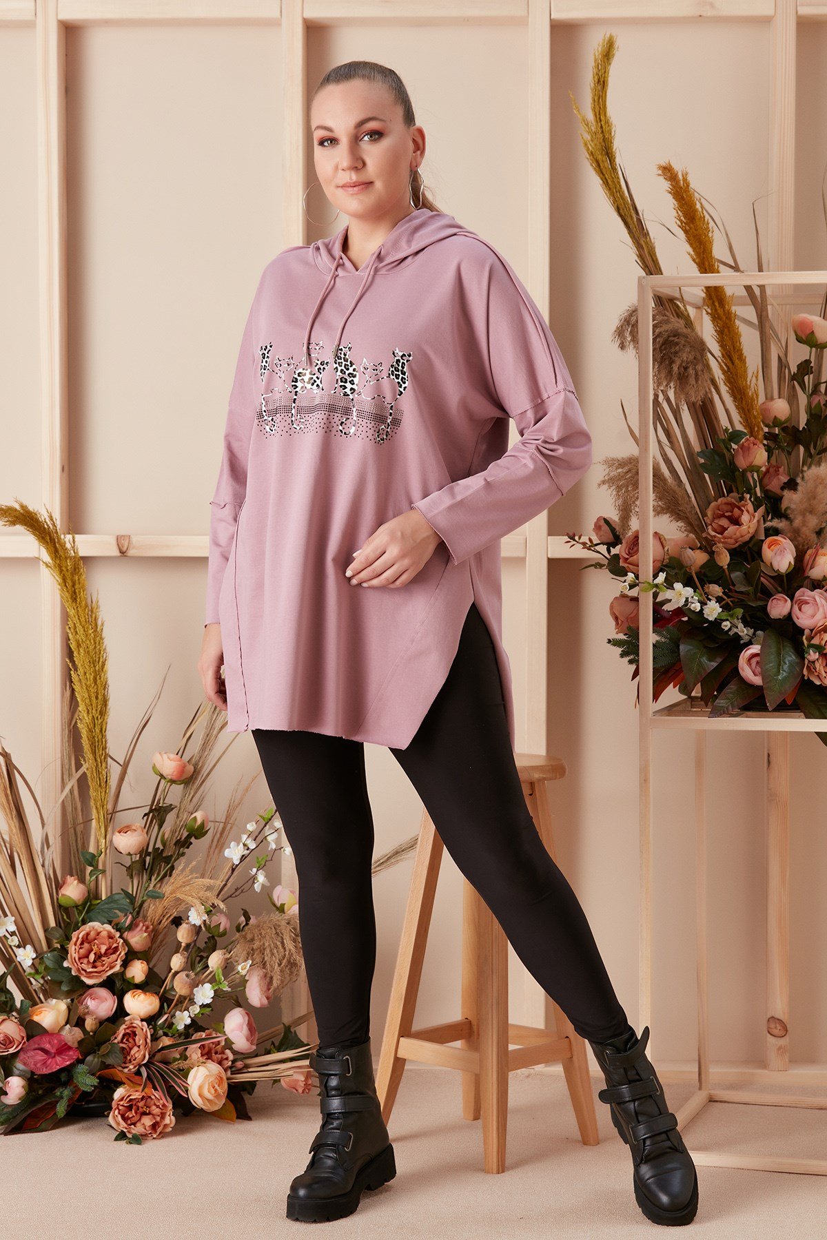 Rmg Kedi Figürlü Taş İşlemeli Büyük Beden Gülkurusu Sweatshirt