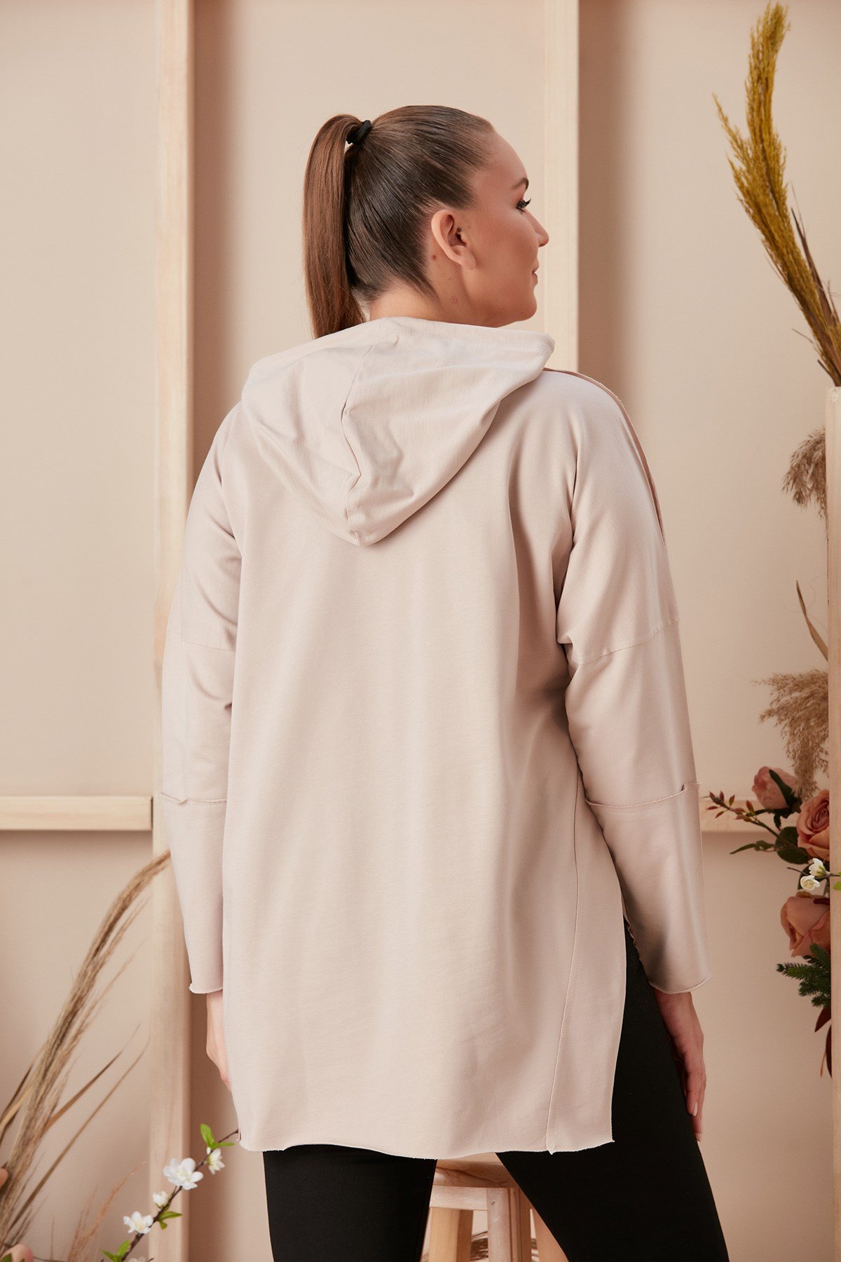 Rmg Kedi Figürlü Taş İşlemeli Büyük Beden Vizon Sweatshirt