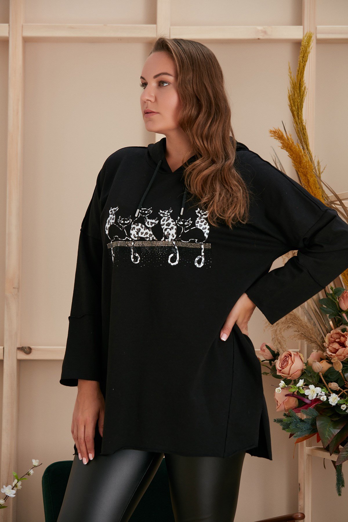 Rmg Kedi Figürlü Taş İşlemeli Büyük Beden Siyah Sweatshirt