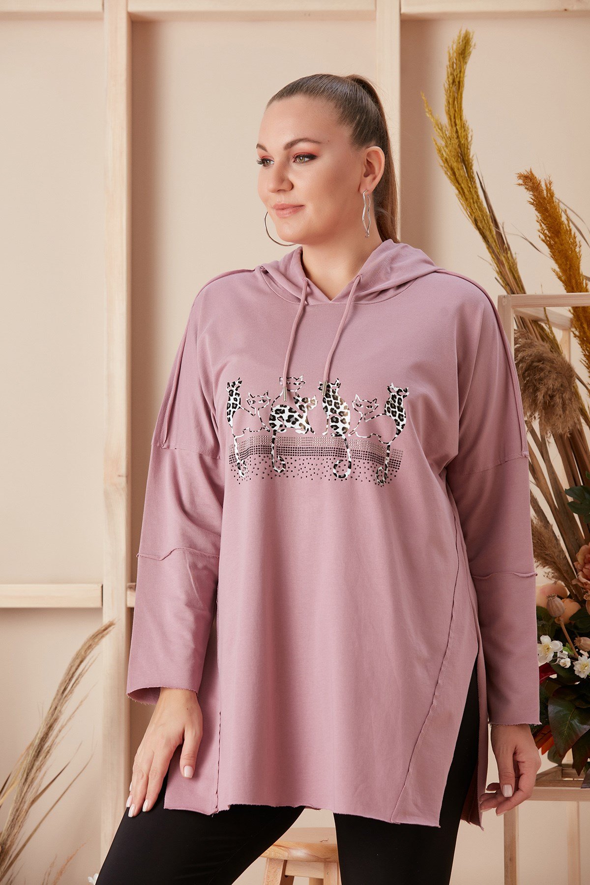 Rmg Kedi Figürlü Taş İşlemeli Büyük Beden Gülkurusu Sweatshirt
