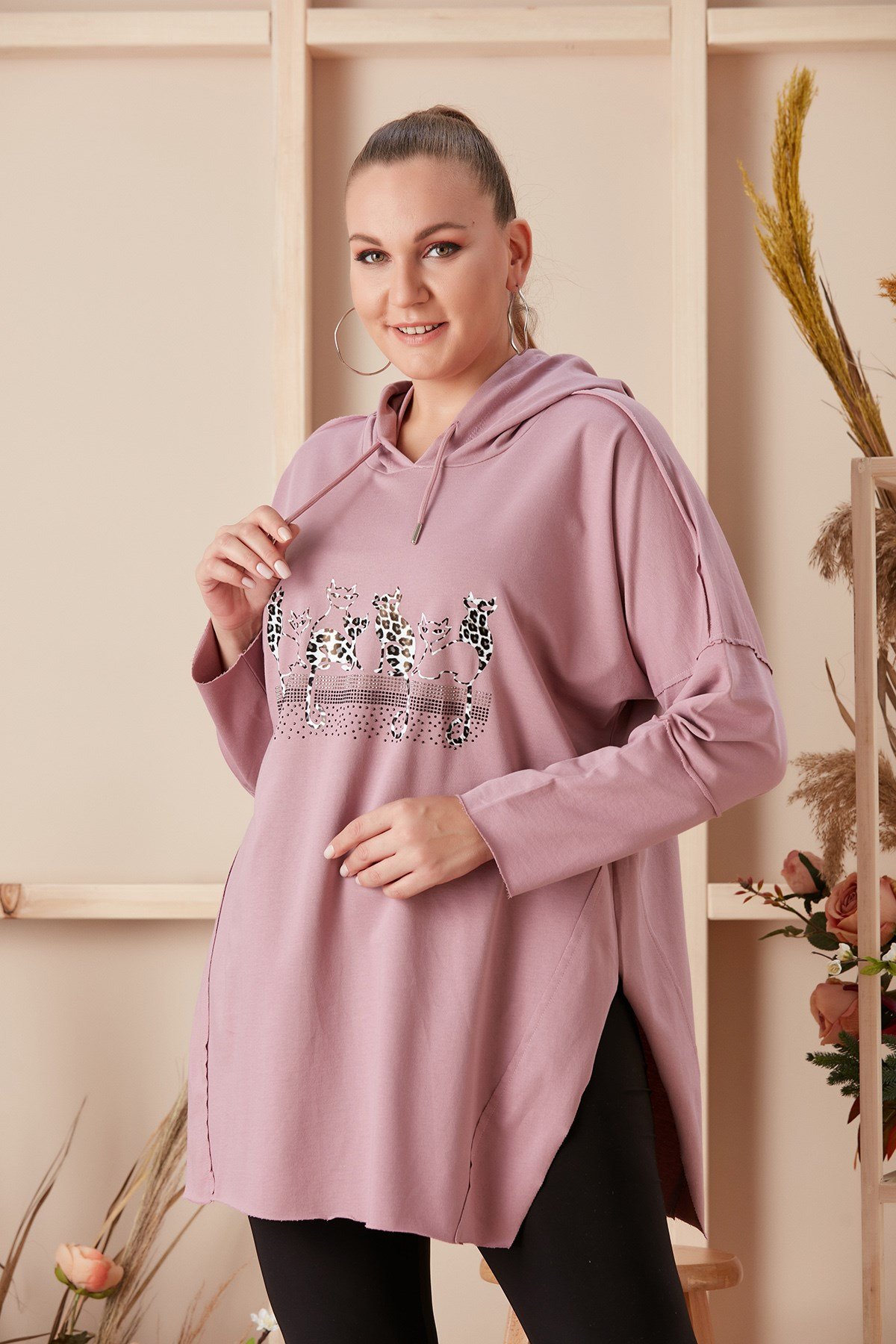 Rmg Kedi Figürlü Taş İşlemeli Büyük Beden Gülkurusu Sweatshirt