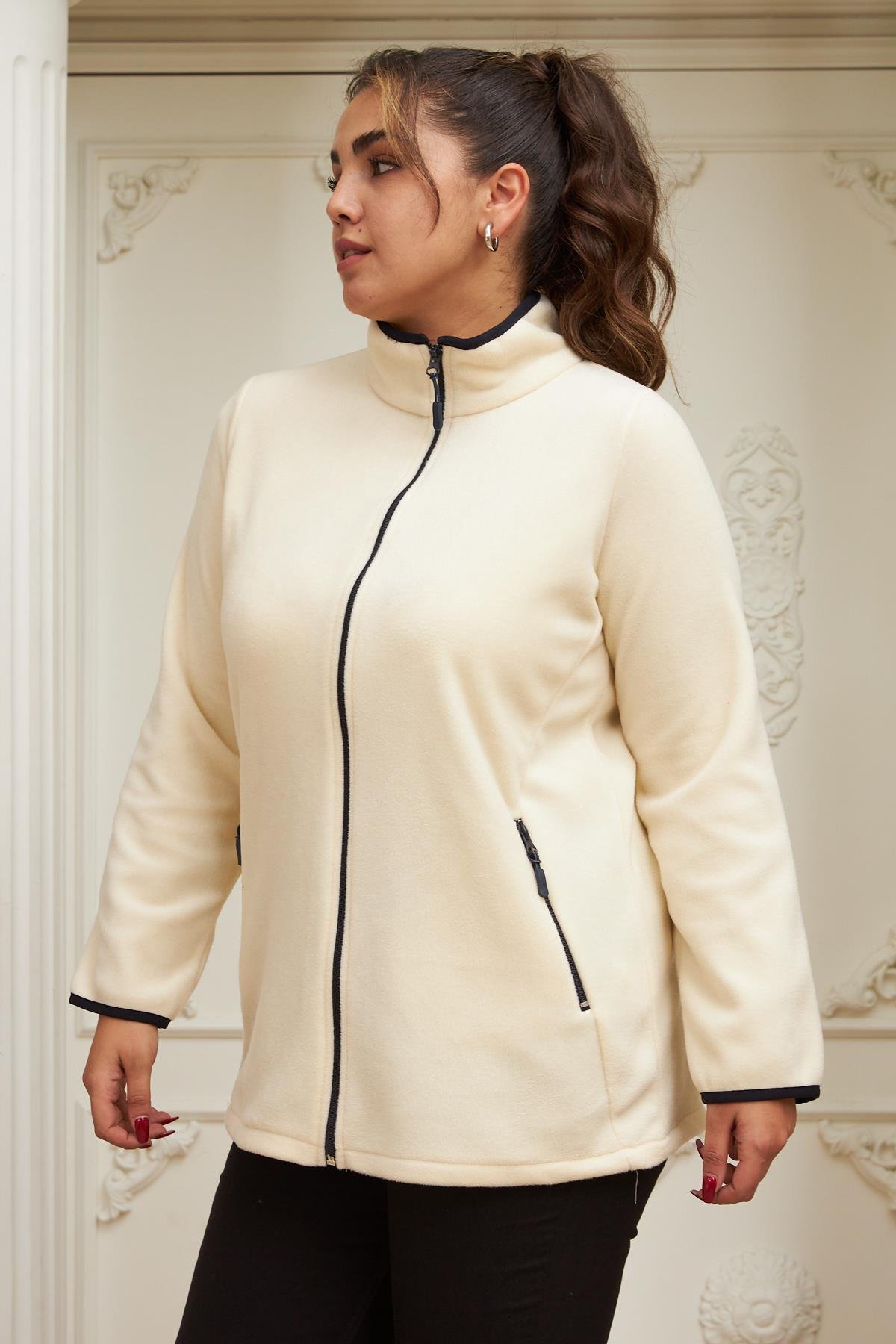 Rmg Kol Biye Detaylı Büyük Beden Ekru Polar