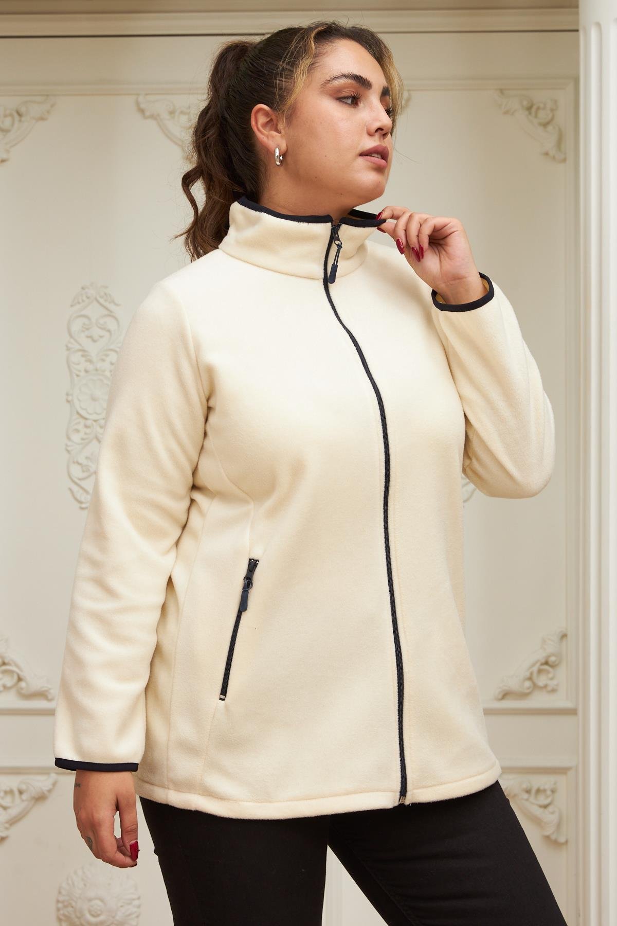 Rmg Kol Biye Detaylı Büyük Beden Ekru Polar