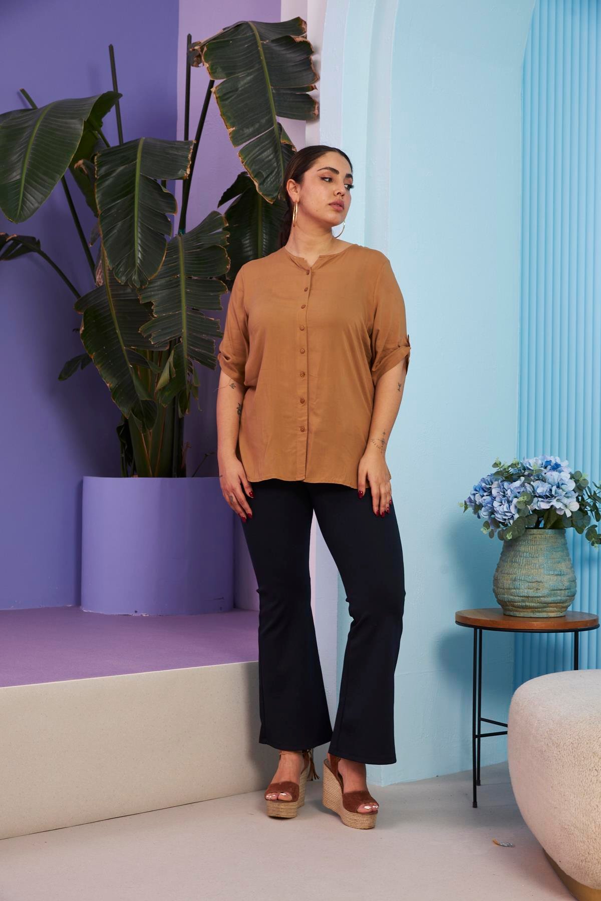 Rmg Kol Detaylı Büyük Beden Camel Gömlek