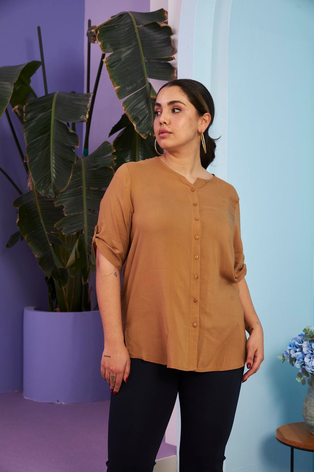 Rmg Kol Detaylı Büyük Beden Camel Gömlek