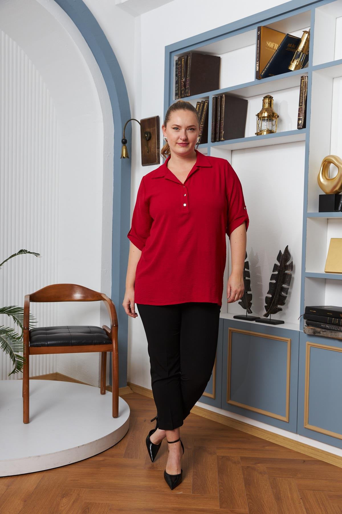 Rmg Kol Detaylı Büyük Beden Gömlek Yaka Bordo Bluz