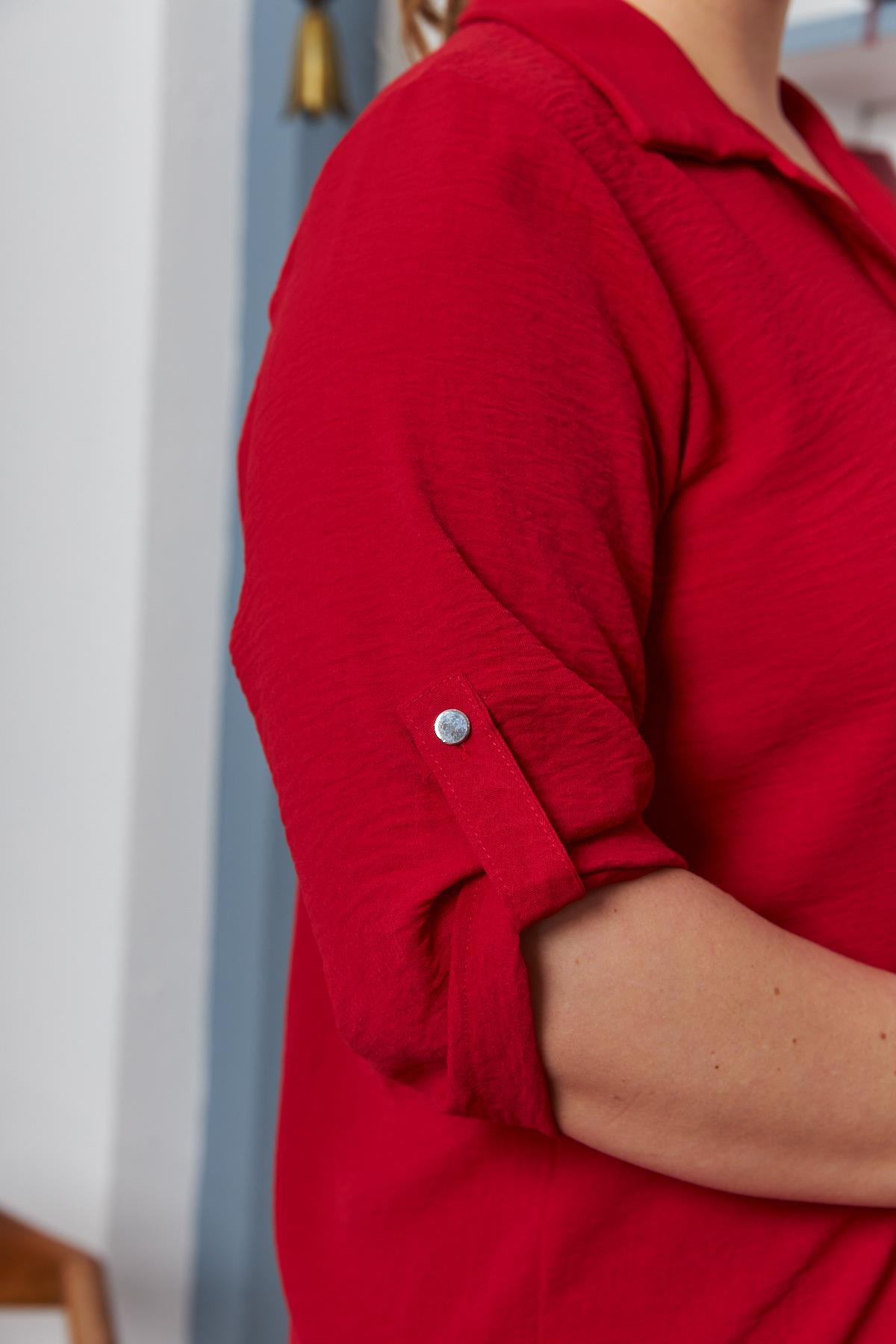 Rmg Kol Detaylı Büyük Beden Gömlek Yaka Bordo Bluz