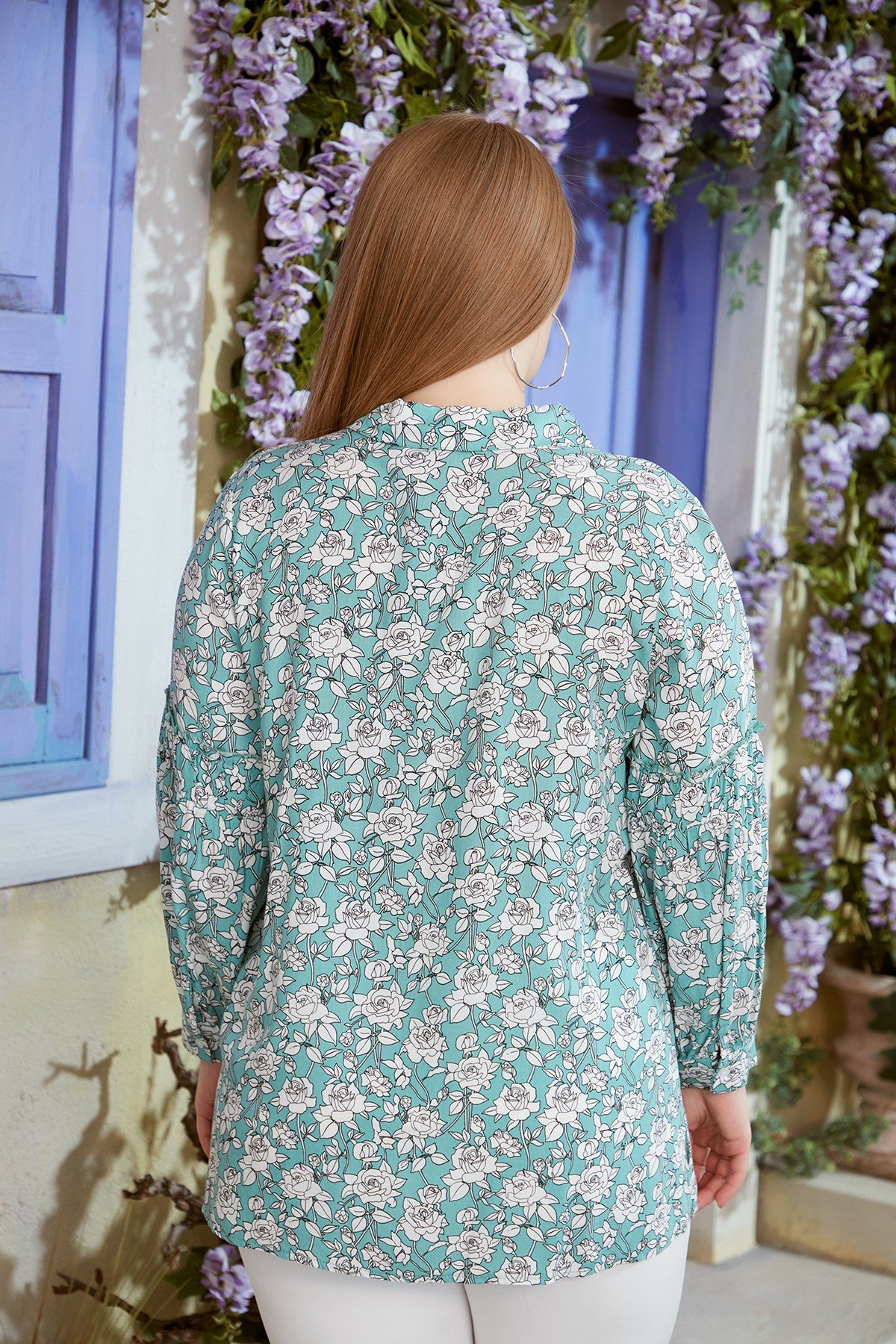 Rmg Kol Detaylı Desenli Büyük Beden Çağla Yeşili Gömlek