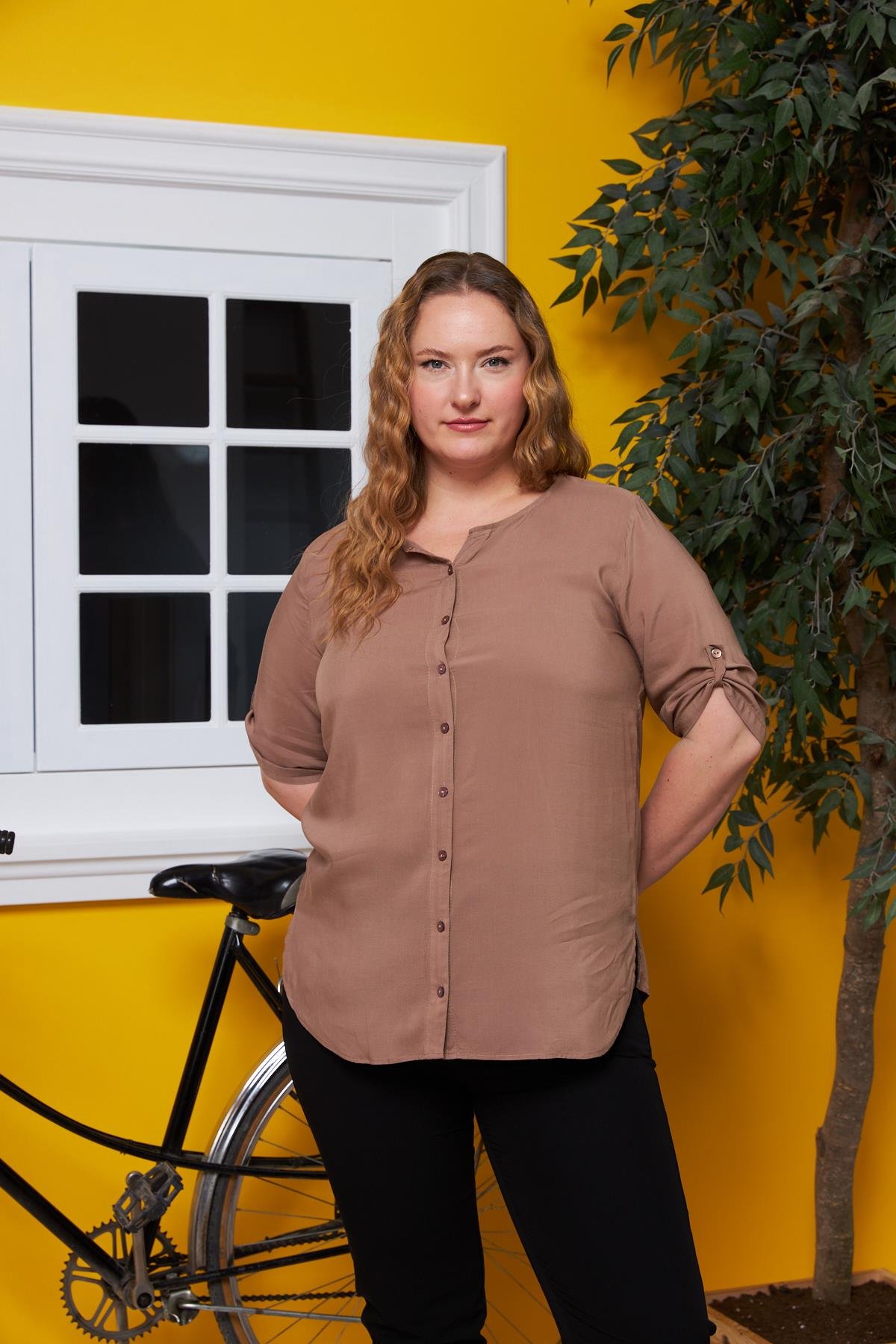 Rmg Kol Detaylı Vual Viskon Büyük Beden Vizon Gömlek