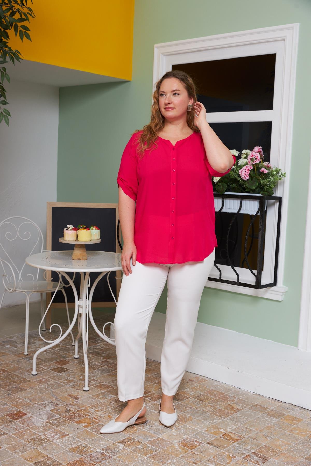 Rmg Kol Detaylı Vual Viskon Büyük Beden Fuşya Gömlek