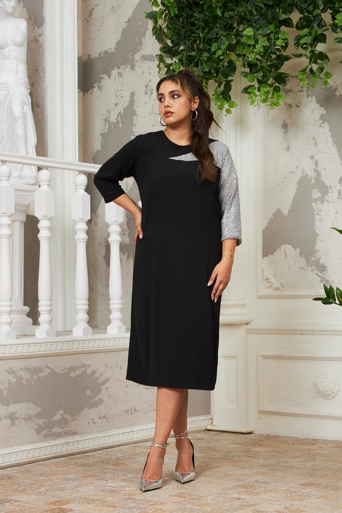 Rmg Kol Garnili Truvakar Kol Büyük Beden Siyah Elbise