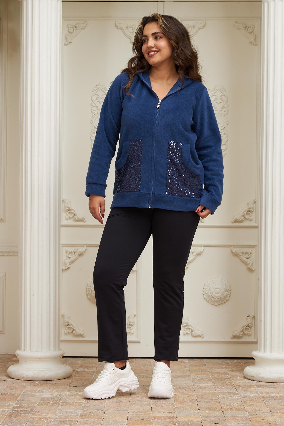 Rmg Kol Ve Cep Pul Payet İşlemeli Büyük Beden İndigo Hırka