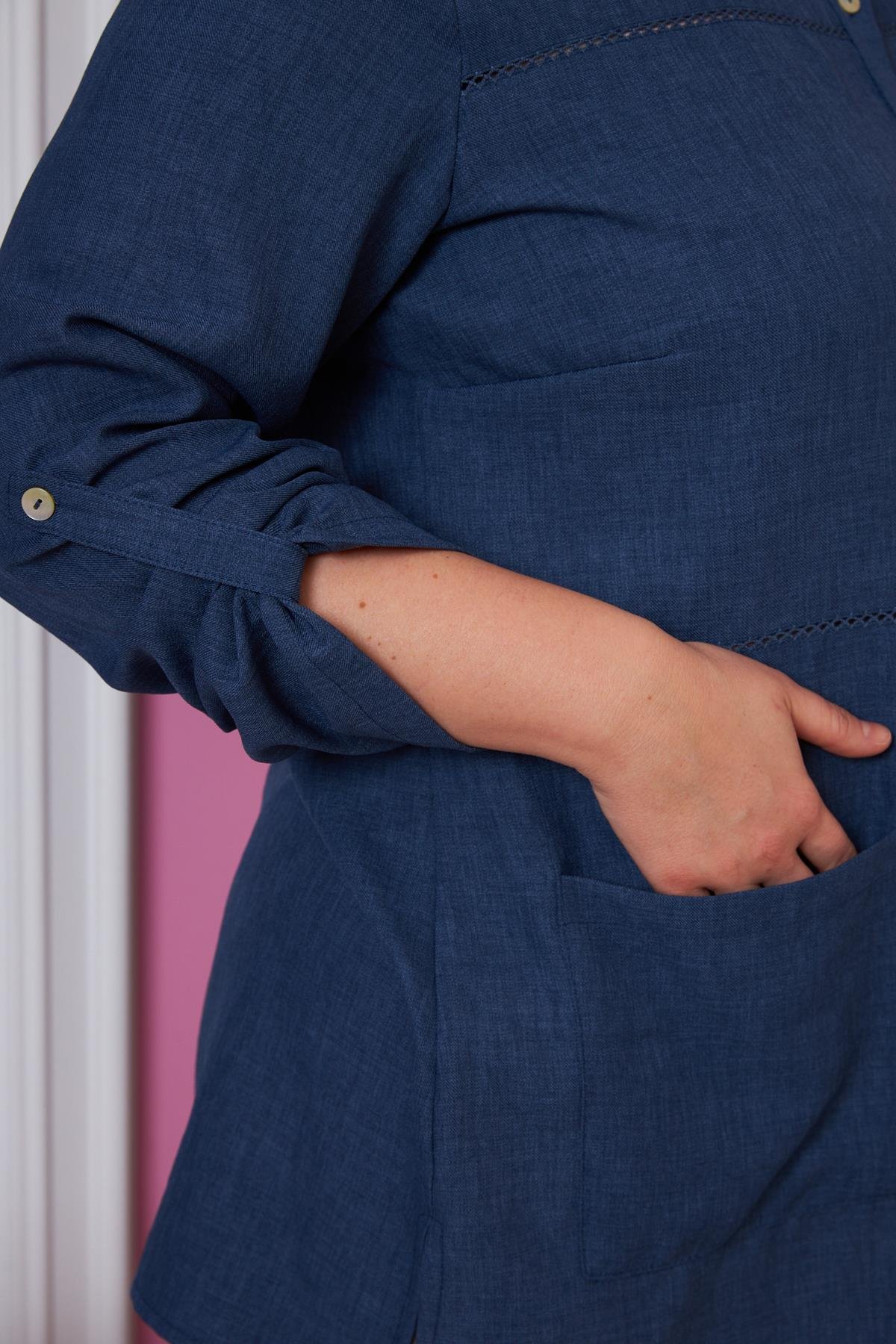 Rmg Kol Ve Kroşeta Detaylı Büyük Beden İndigo Gömlek