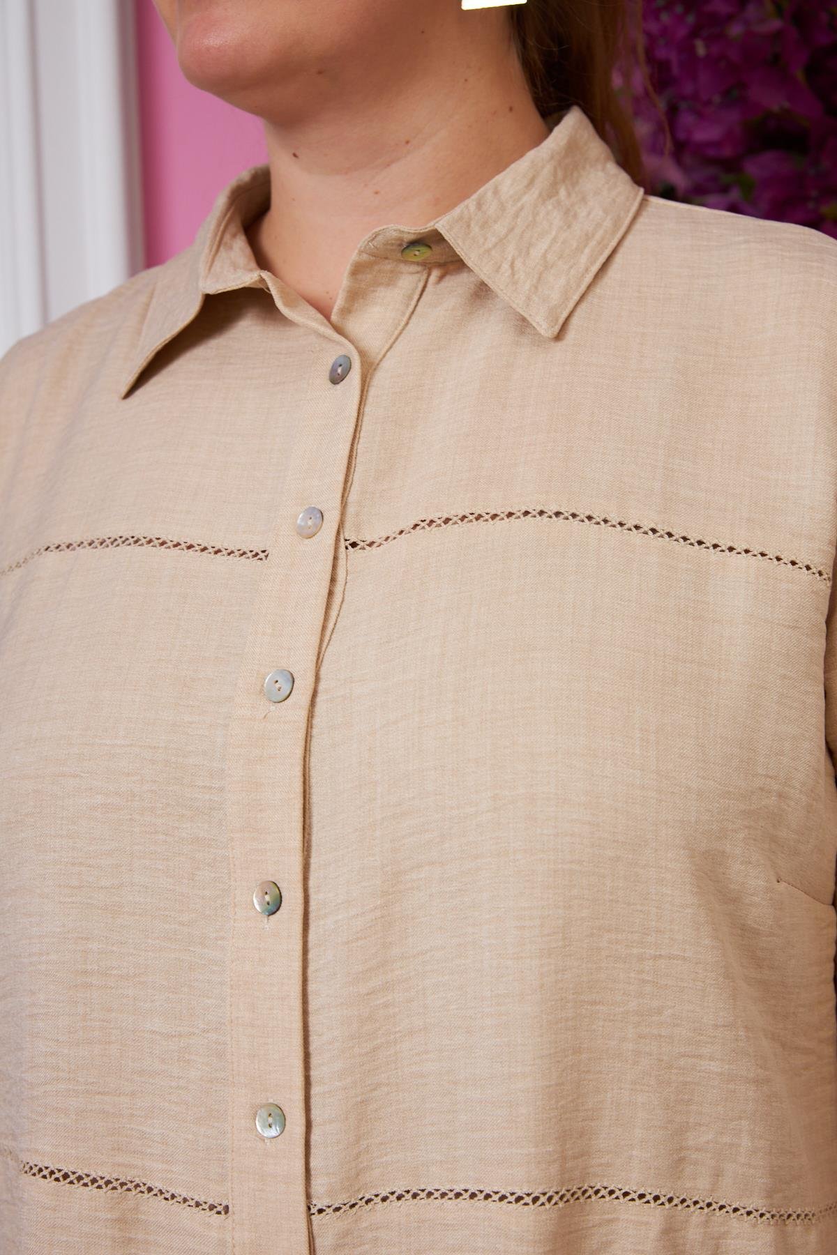 Rmg Kol Ve Kroşeta Detaylı Büyük Beden Vizon Gömlek