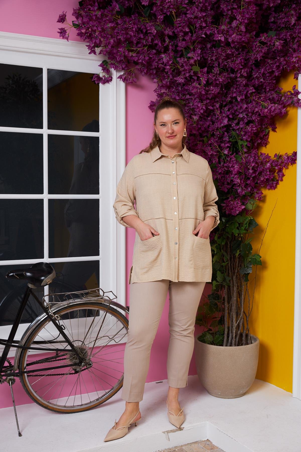 Rmg Kol Ve Kroşeta Detaylı Büyük Beden Vizon Gömlek