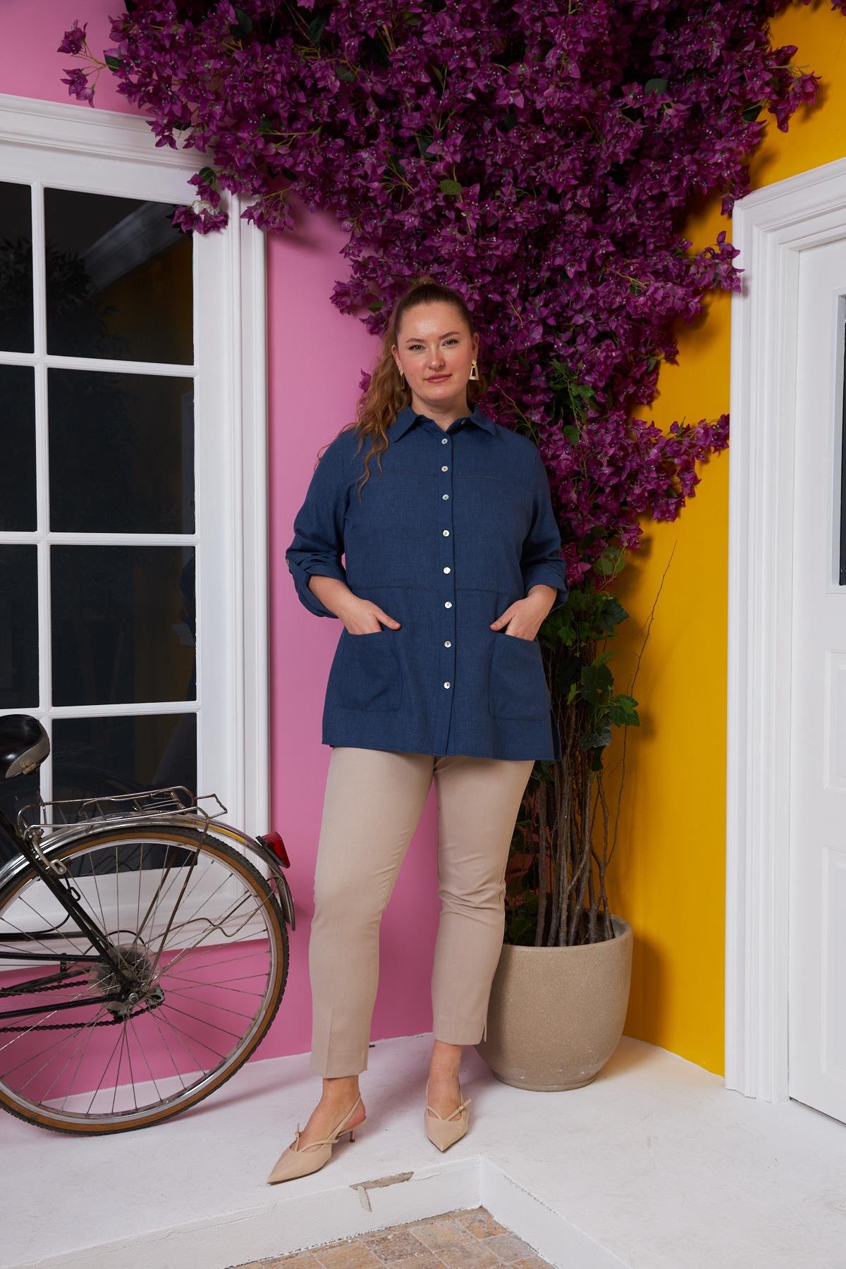 Rmg Kol Ve Kroşeta Detaylı Büyük Beden İndigo Gömlek