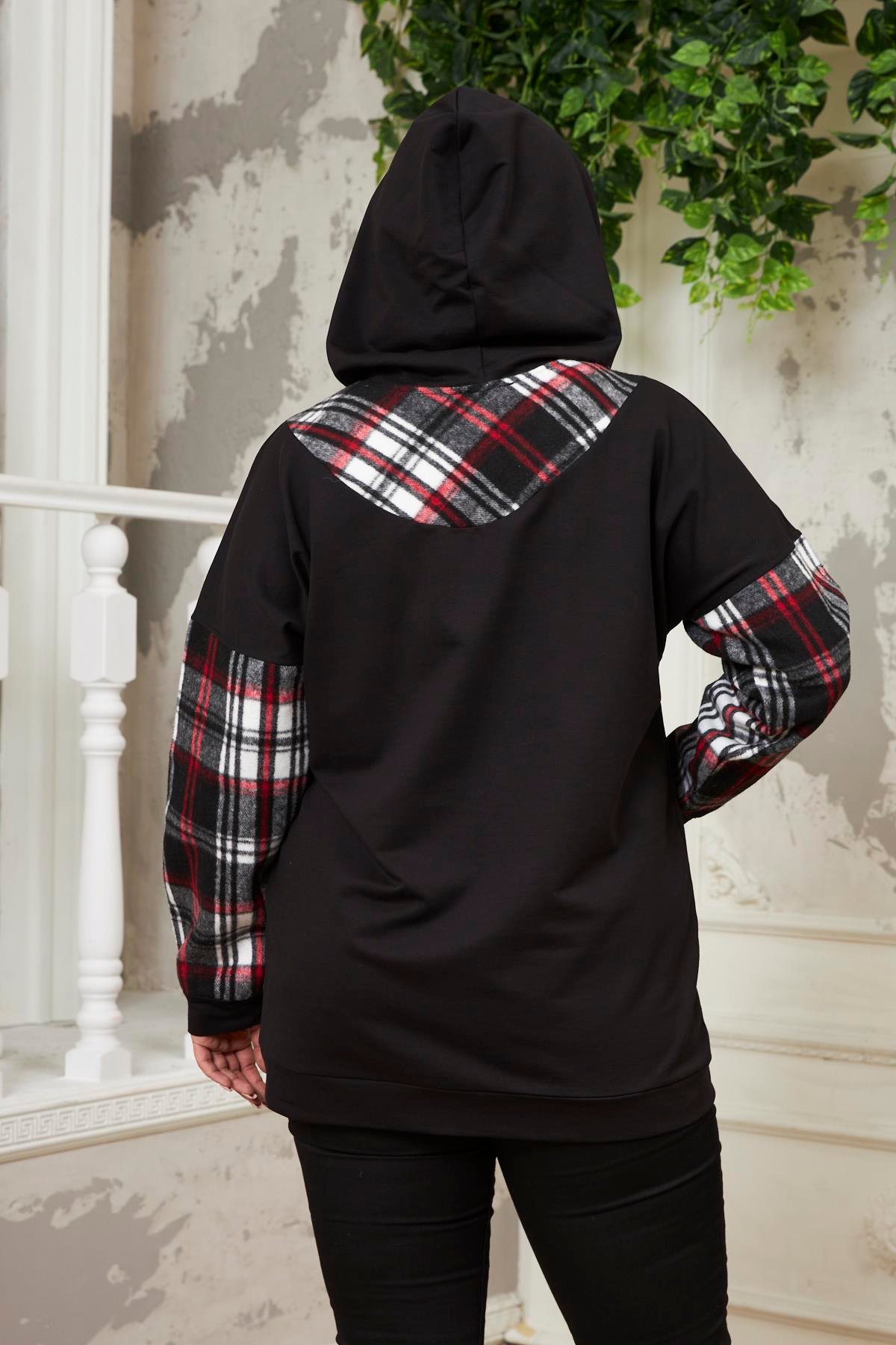 Rmg Kollar Ekose Büyük Beden Siyah Sweatshirt