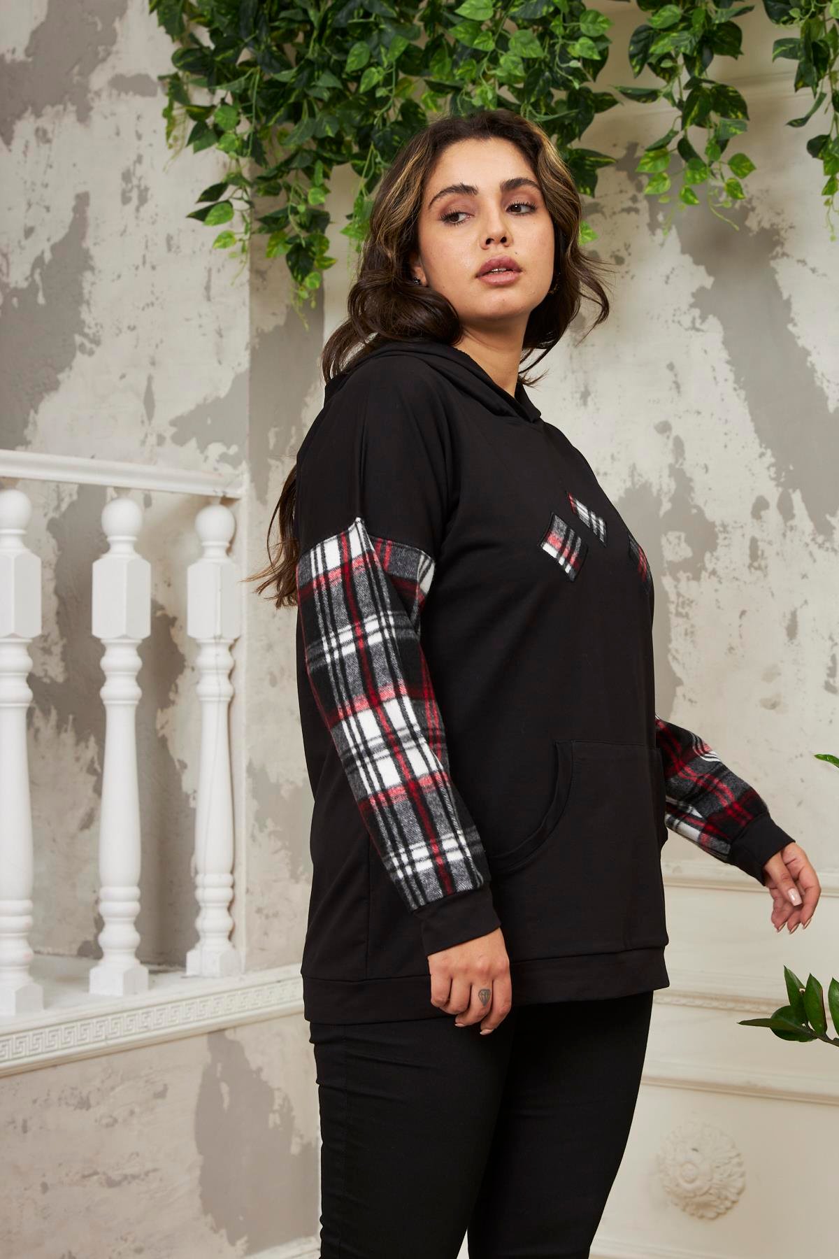 Rmg Kollar Ekose Büyük Beden Siyah Sweatshirt