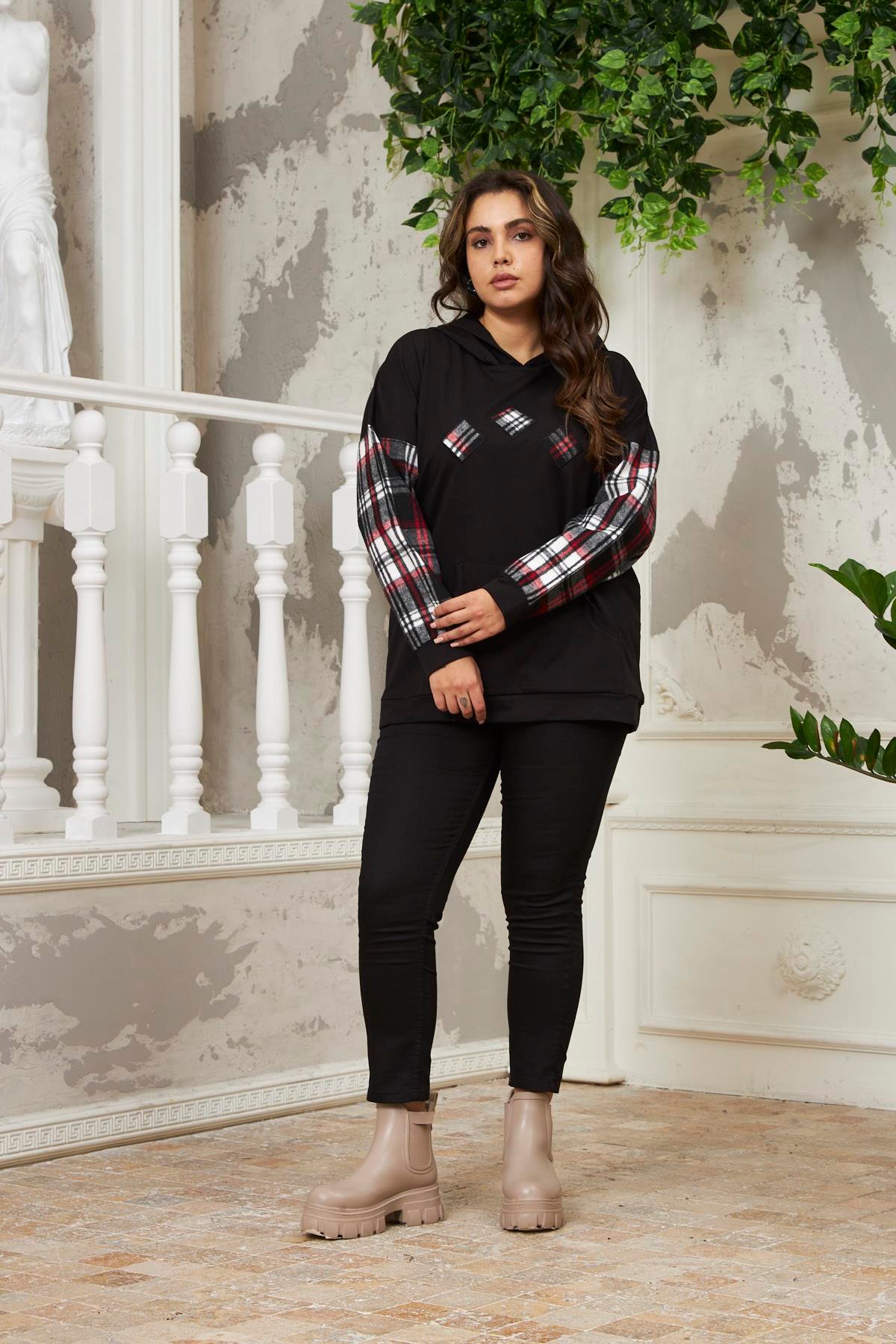 Rmg Kollar Ekose Büyük Beden Siyah Sweatshirt