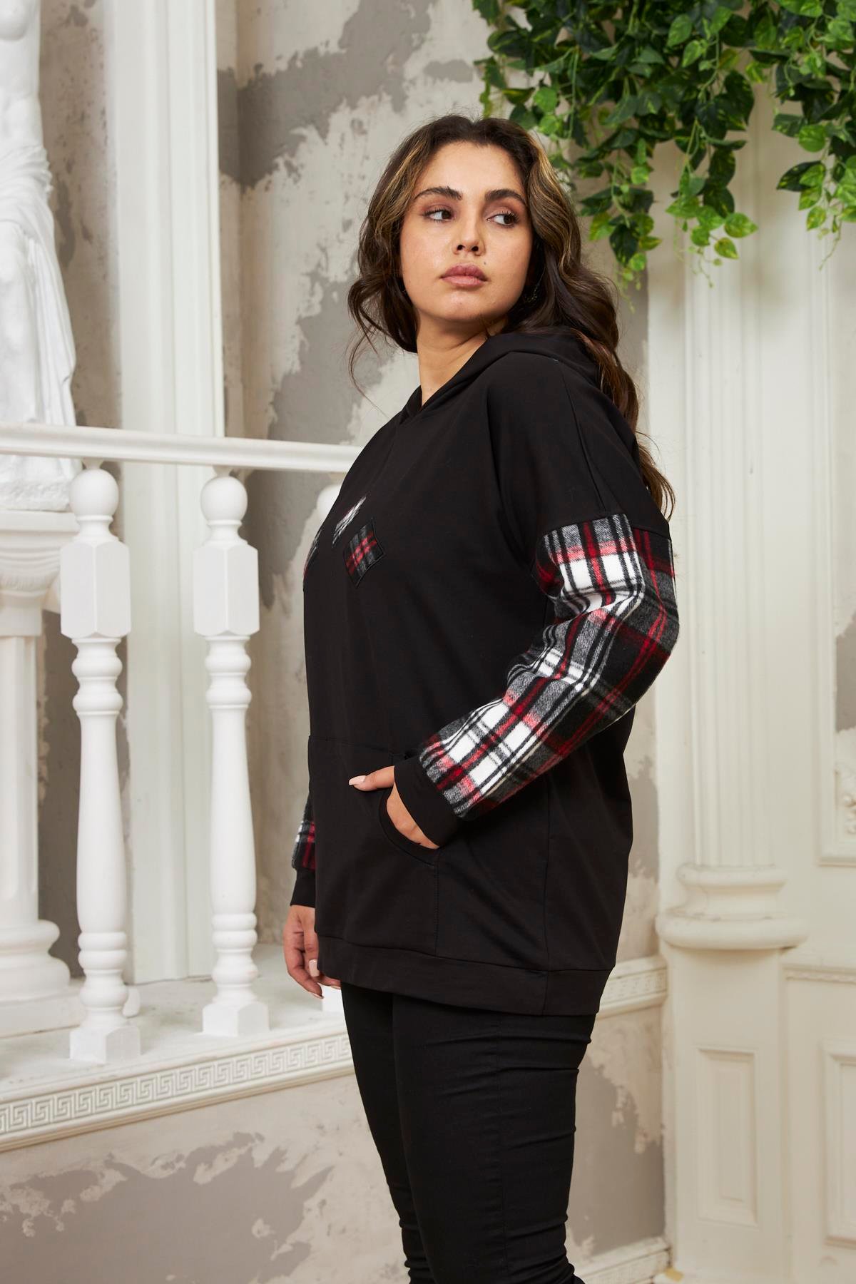Rmg Kollar Ekose Büyük Beden Siyah Sweatshirt