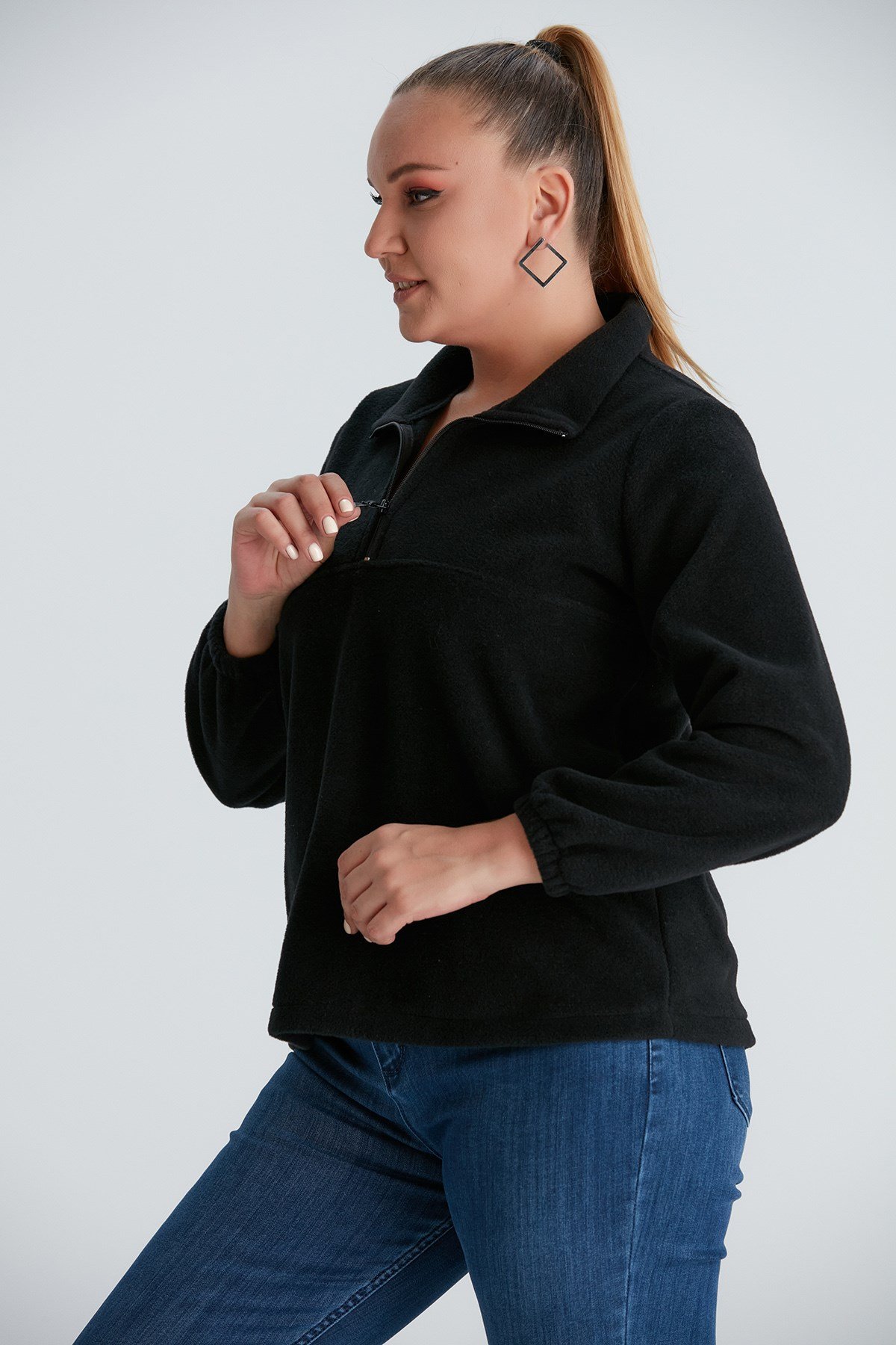 Rmg Kolları Lastikli Büyük Beden Siyah Polar Sweatshirt