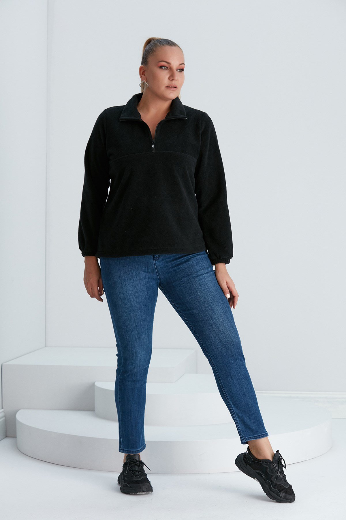 Rmg Kolları Lastikli Büyük Beden Siyah Polar Sweatshirt