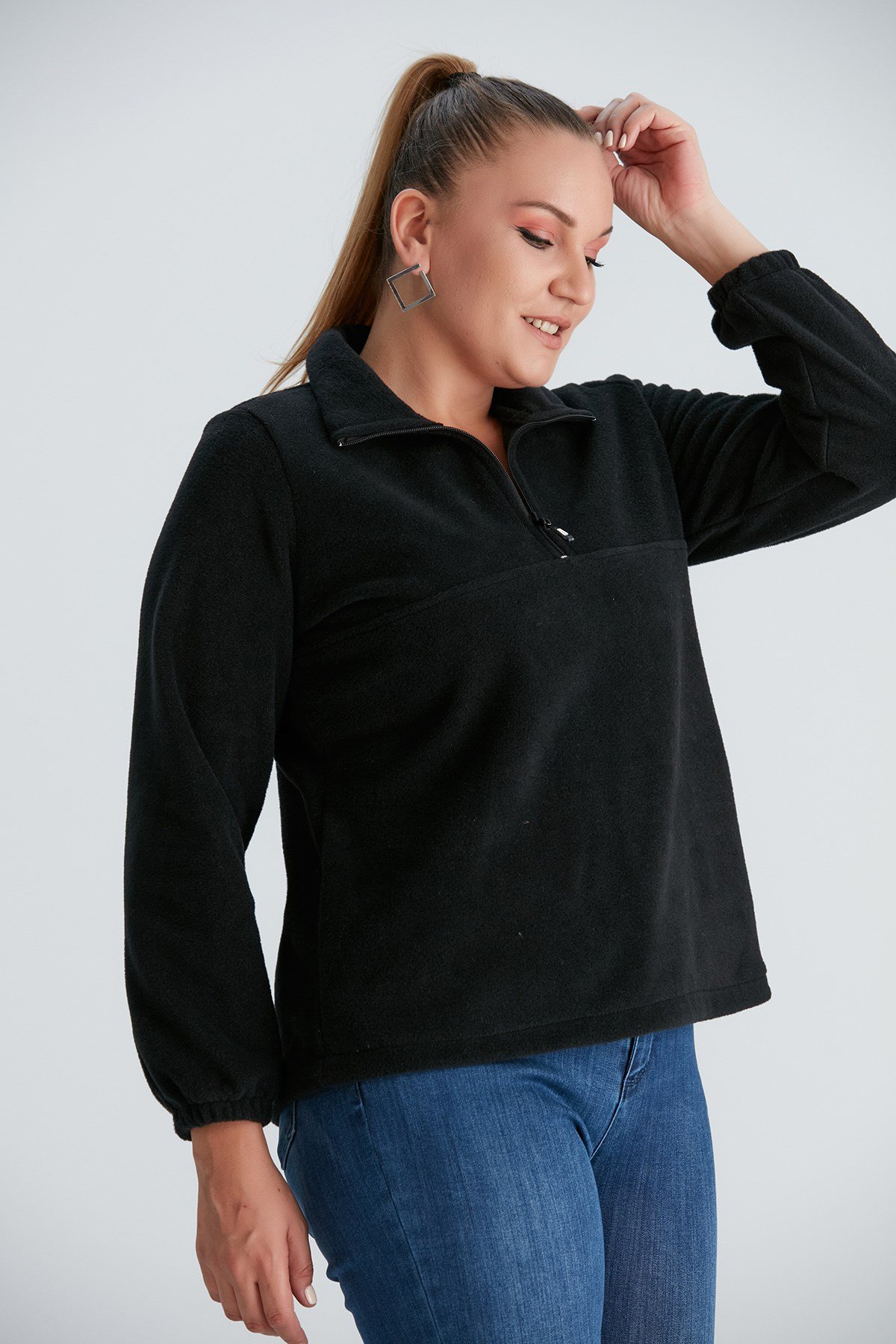 Rmg Kolları Lastikli Büyük Beden Siyah Polar Sweatshirt