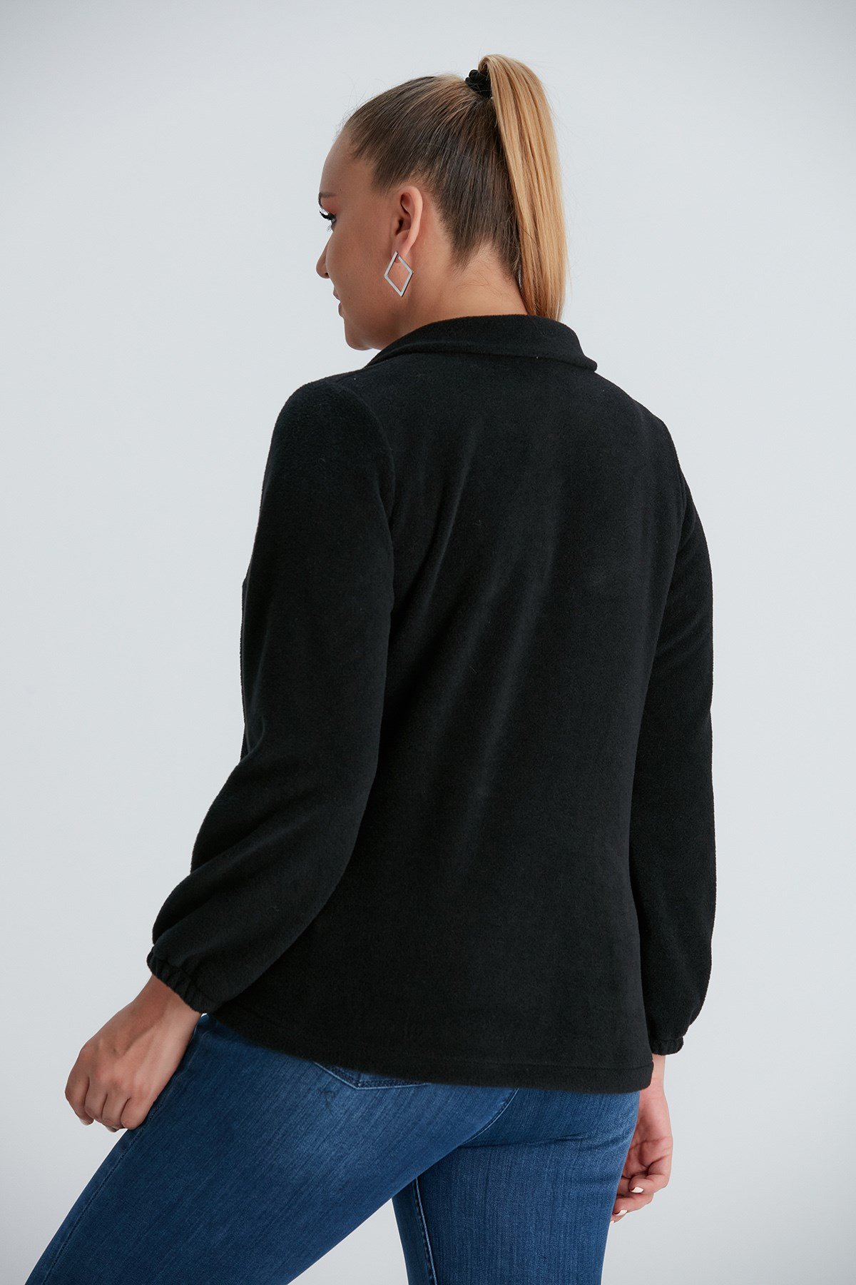 Rmg Kolları Lastikli Büyük Beden Siyah Polar Sweatshirt