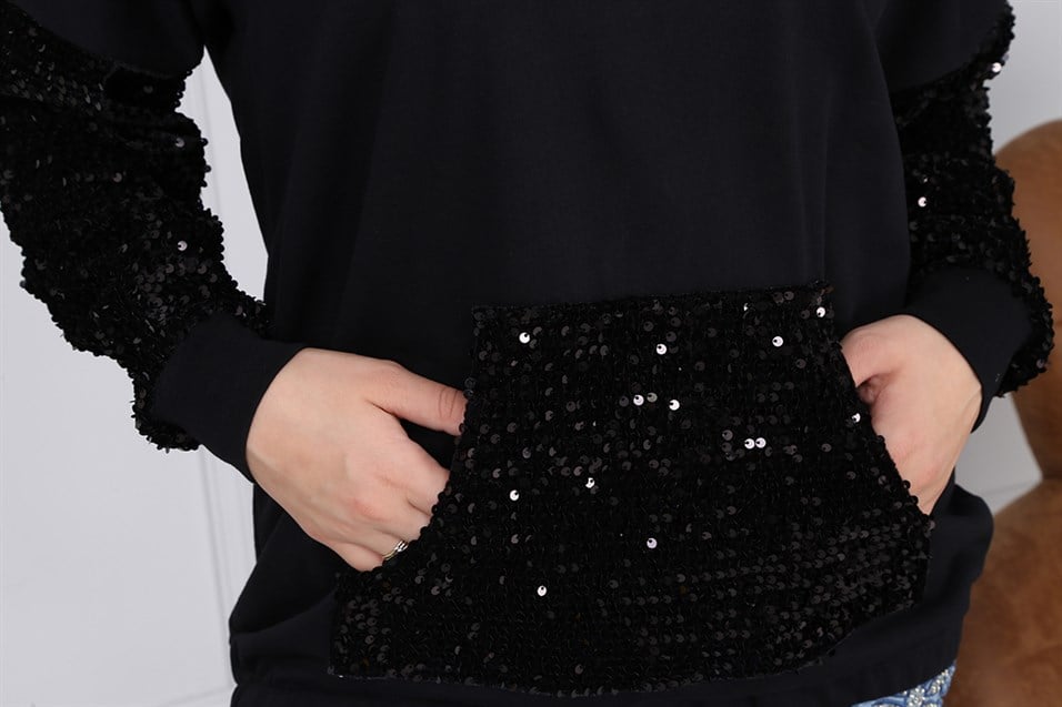RMG Kolları Ve Cepleri Pul Payet Detaylı Büyük Beden Siyah Sweatshirt