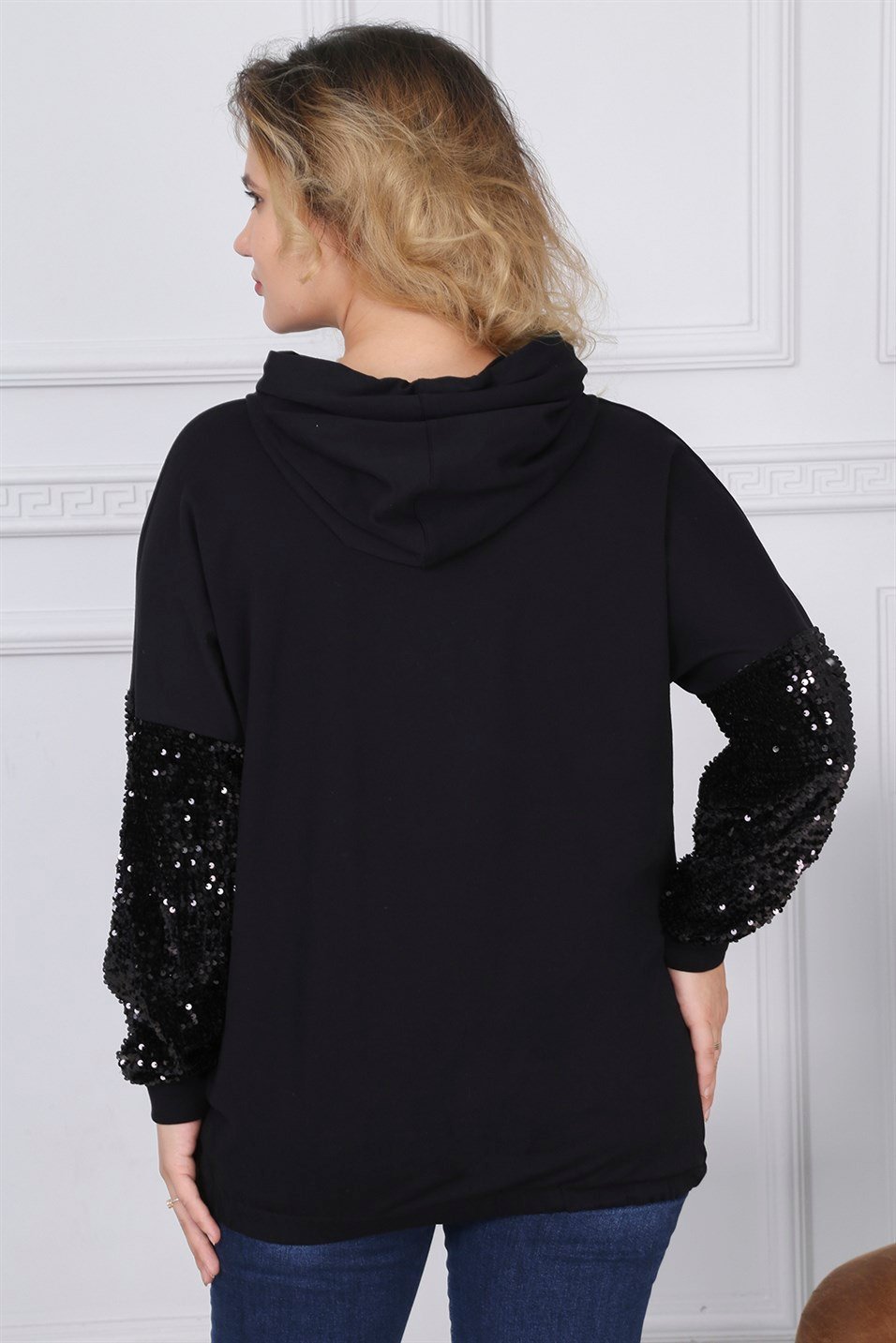 RMG Kolları Ve Cepleri Pul Payet Detaylı Büyük Beden Siyah Sweatshirt