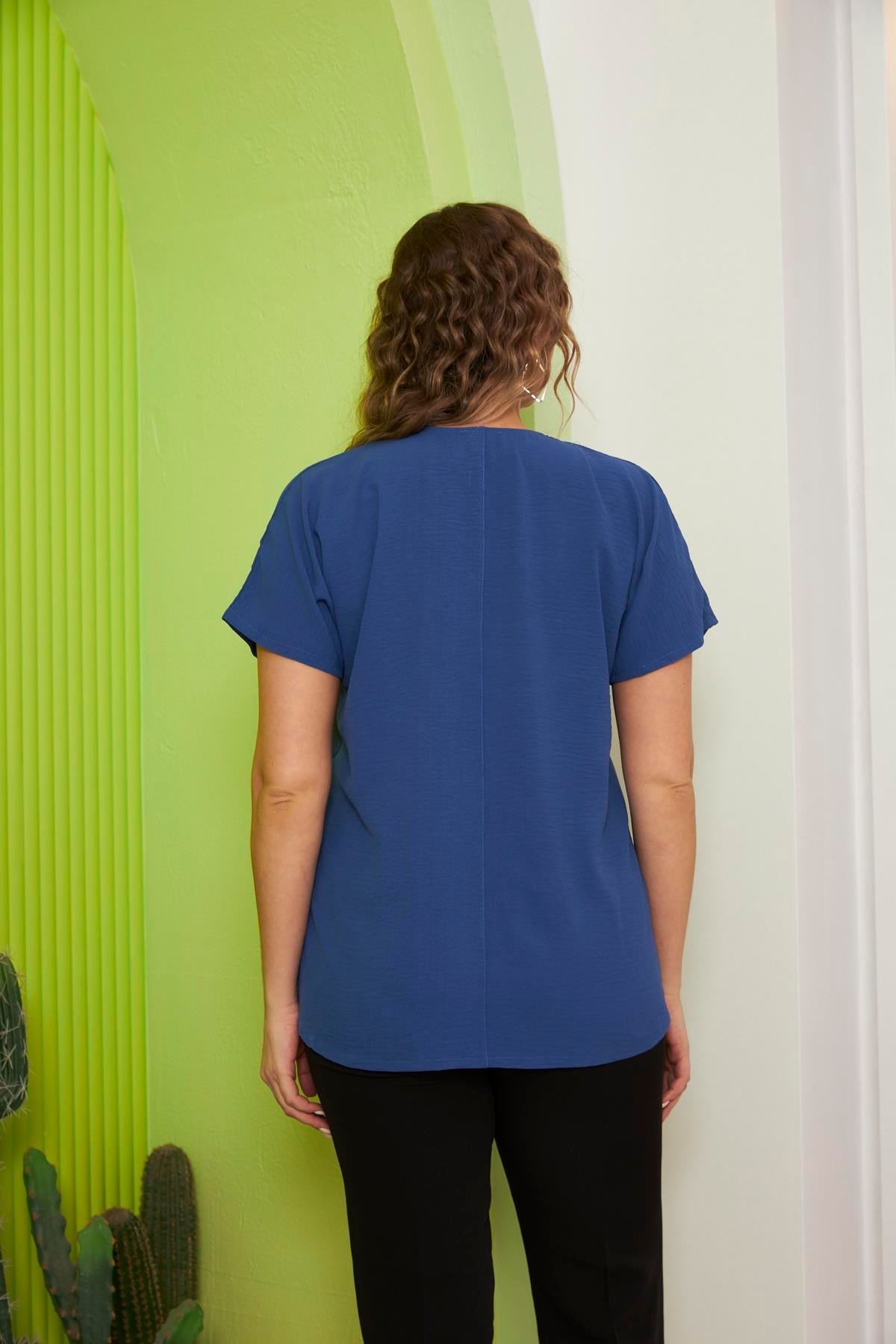 Rmg Kolye Detaylı Büyük Beden İndigo Bluz