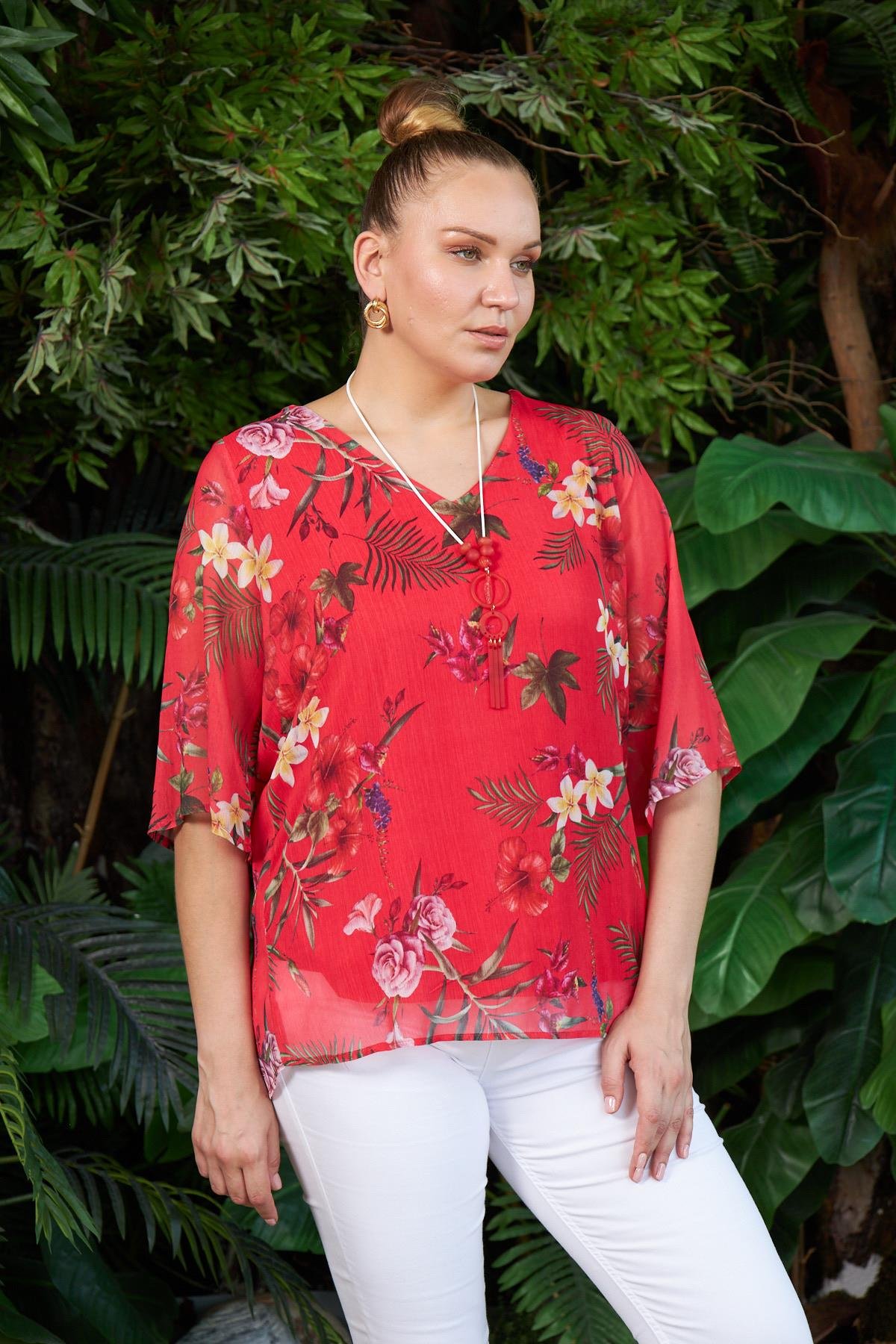 Rmg Kolye Detaylı Desenli Büyük Beden Kırmızı Bluz